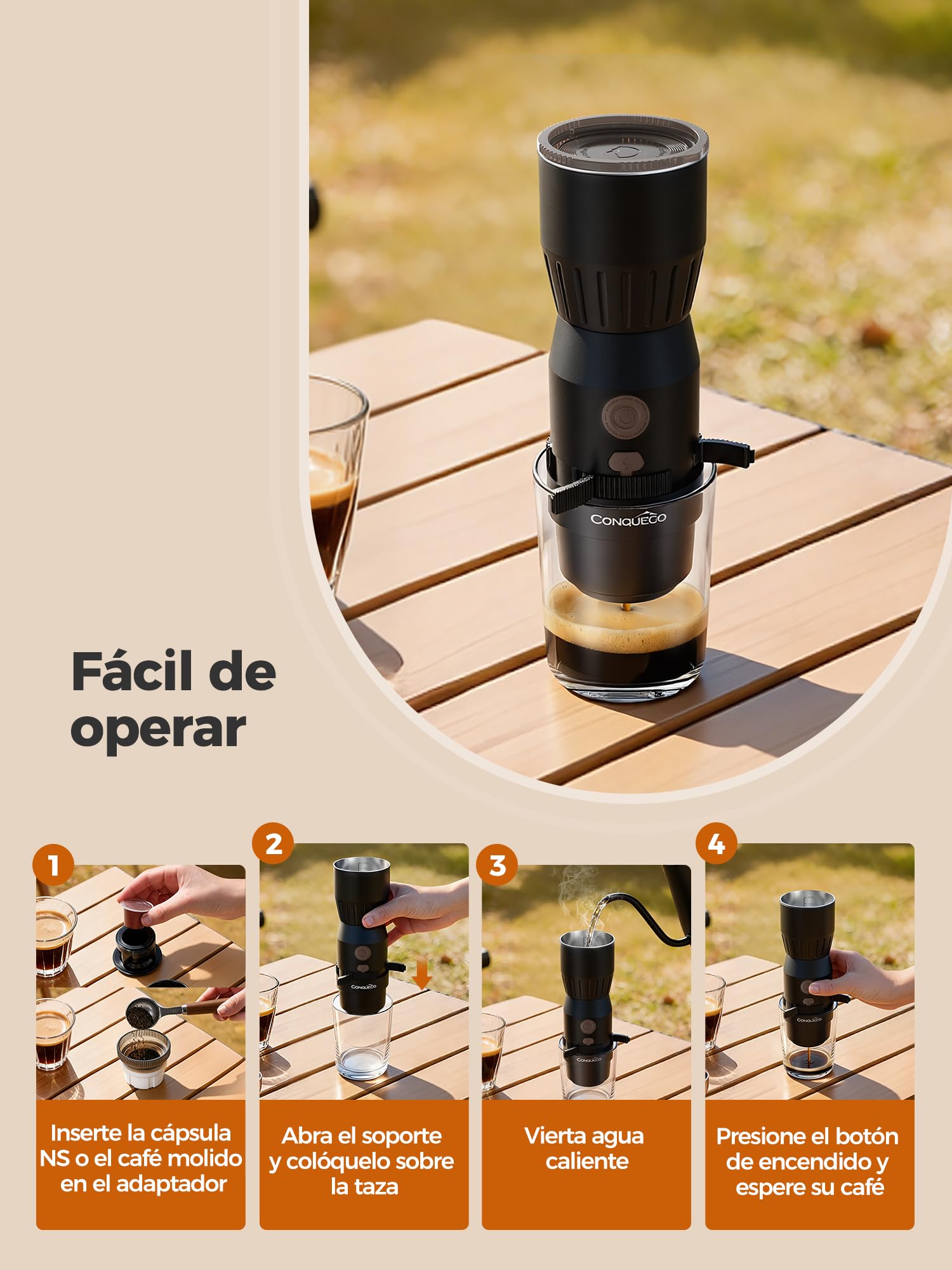 CONQUECO Cafetera Espresso Portátil 20 Bar – REQUIERE AGUA CALIENTE (No Calienta), Máquina 2 en1 para Cápsulas NS y Café Molido, Ligera 455g, USB-C, 250 Tazas por Carga – Para Viajes, Playa, Montaña