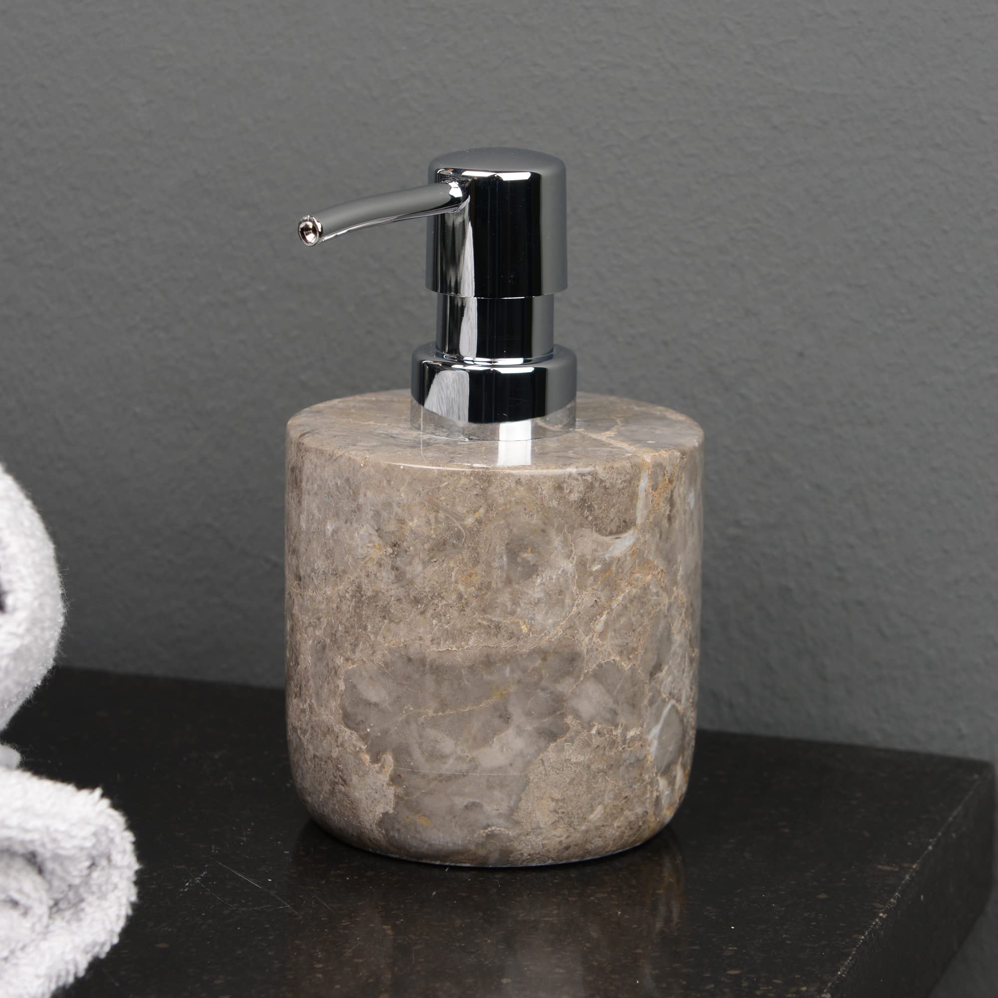 Dispensador de jabón de mármol gris redondo, 15 cm, dispensador dosificador rellenable de piedra natural