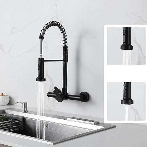 Miniatura 1 de LIWEIKE Grifo de cocina negro montado en la pared, grifo de cocina de pared con rociador desplegable de 8 pulgadas, montaje en pared, grifo de