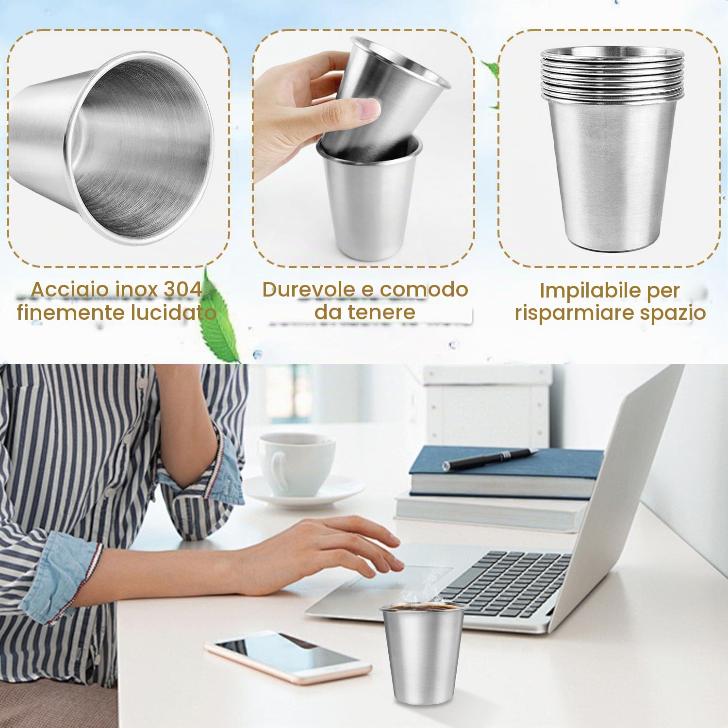 Bicchiere Acciaio Inox, 8 Pezzi 260 ml Bicchieri Infrangibili, Bicchieri da Viaggio, Tazza Campeggio, Riutilizzabile Bicchieri in Acciaio Inox Adatto per Famiglia, Picnic, Viaggi, Barbecue