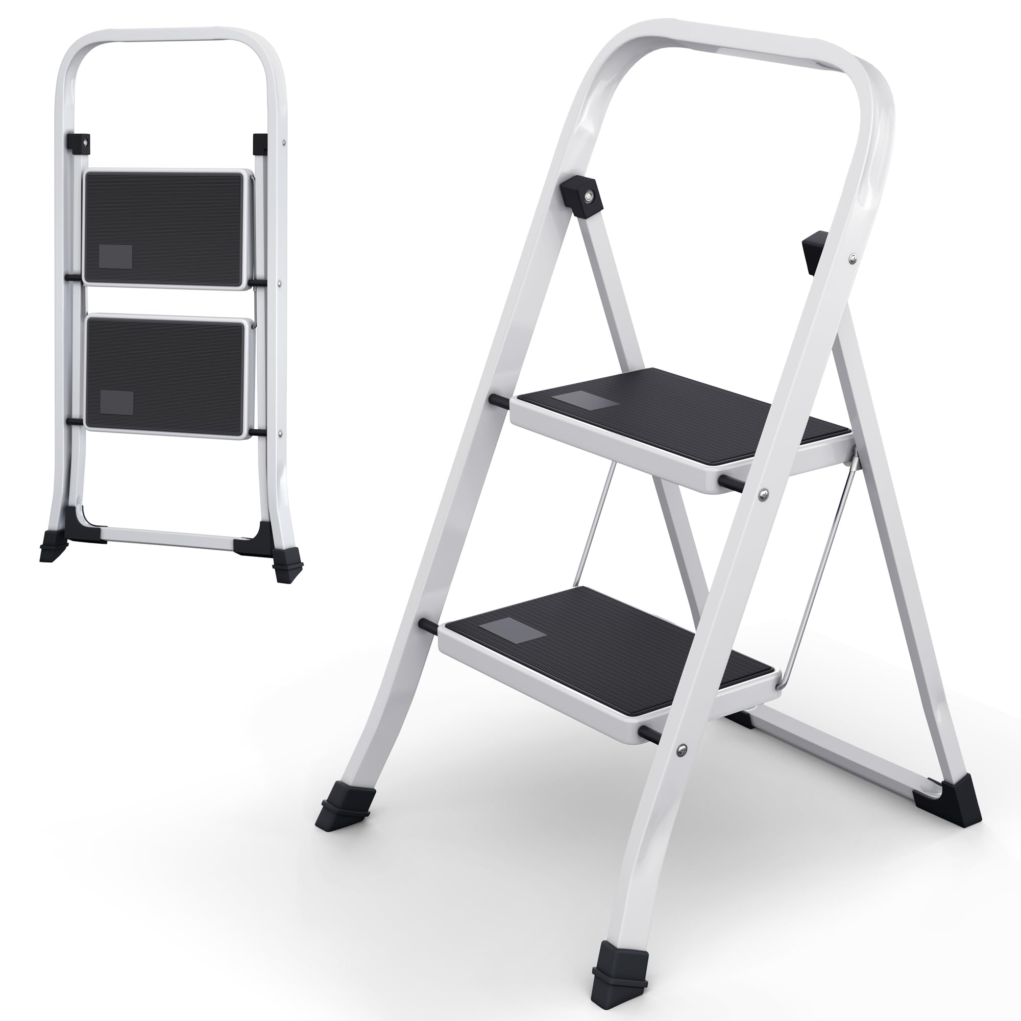 Lifetime Home Step Ladder with Wide Anti-Slip Platform & Thick Rubber Feet - Heavy Duty Foldable & Portable - 330 lbs Capacity, Steel Frame, Rubber Handgrip, Folding Step Stool - 2-Step White