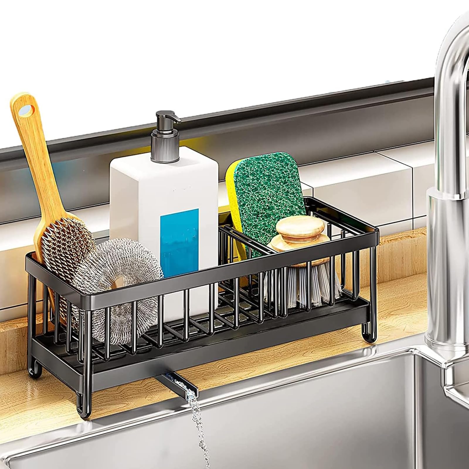 Kitchen Sponge Holder with Compartment Stainless Steel Kitchen Drainage Sink Caddy Organizer with Removable Drip Tray Caddy Sink