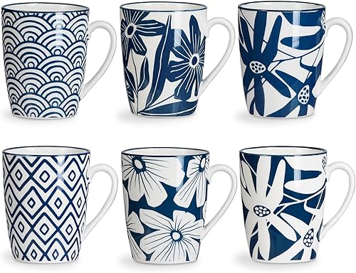ONEMORE Juego de 6 tazas de café coloridas de 12 onzas, tazas de cerámica con asa, aptas para microondas y lavavajillas, taza de café estética para