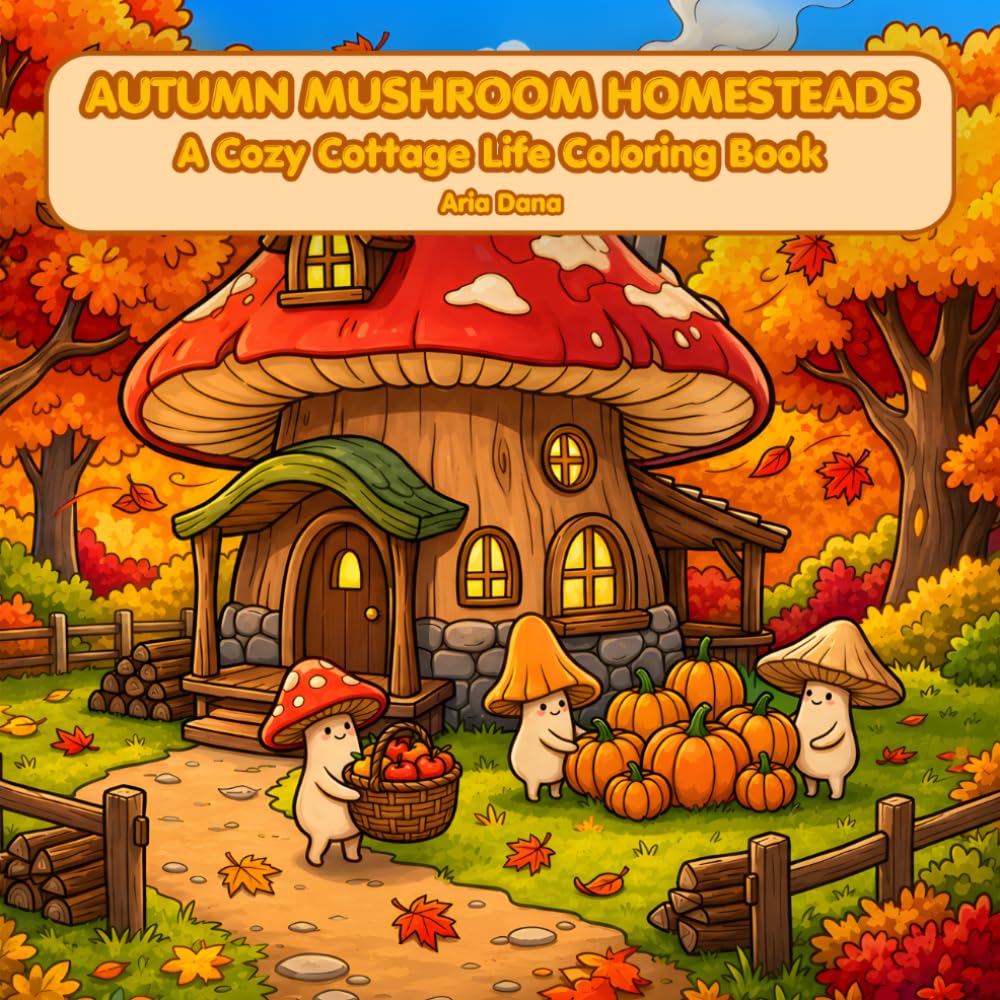 Autumn Mushroom Homesteads A Cozy Cottage Life Coloring Book: Pumpkins Harvest Baskets Maple Leaves Apple Pies & Cozy Scarves 50 Single Sided Pages ... (Mushroom Cottage Life Coloring Collection)