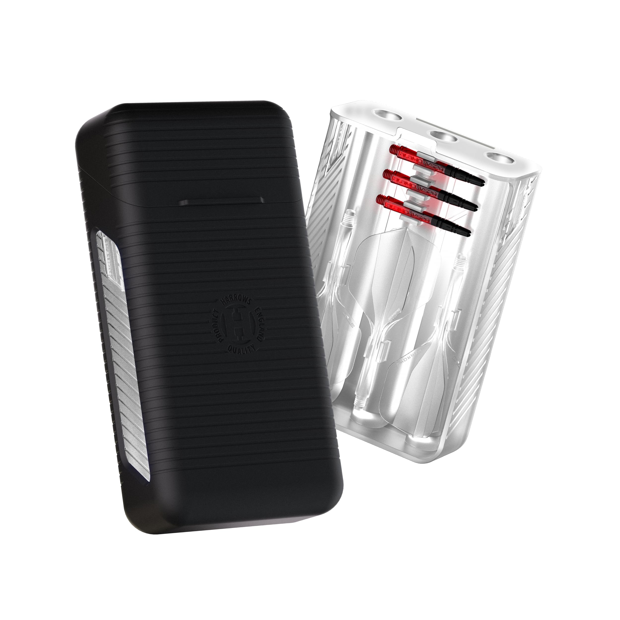 Harrows Vault Dart Case, Premium Rigid Plastic Darts Holder, Fits 3 Fully Assembled Darts, Spare Integrated Flight/Shaft Systems (Clear/Black)