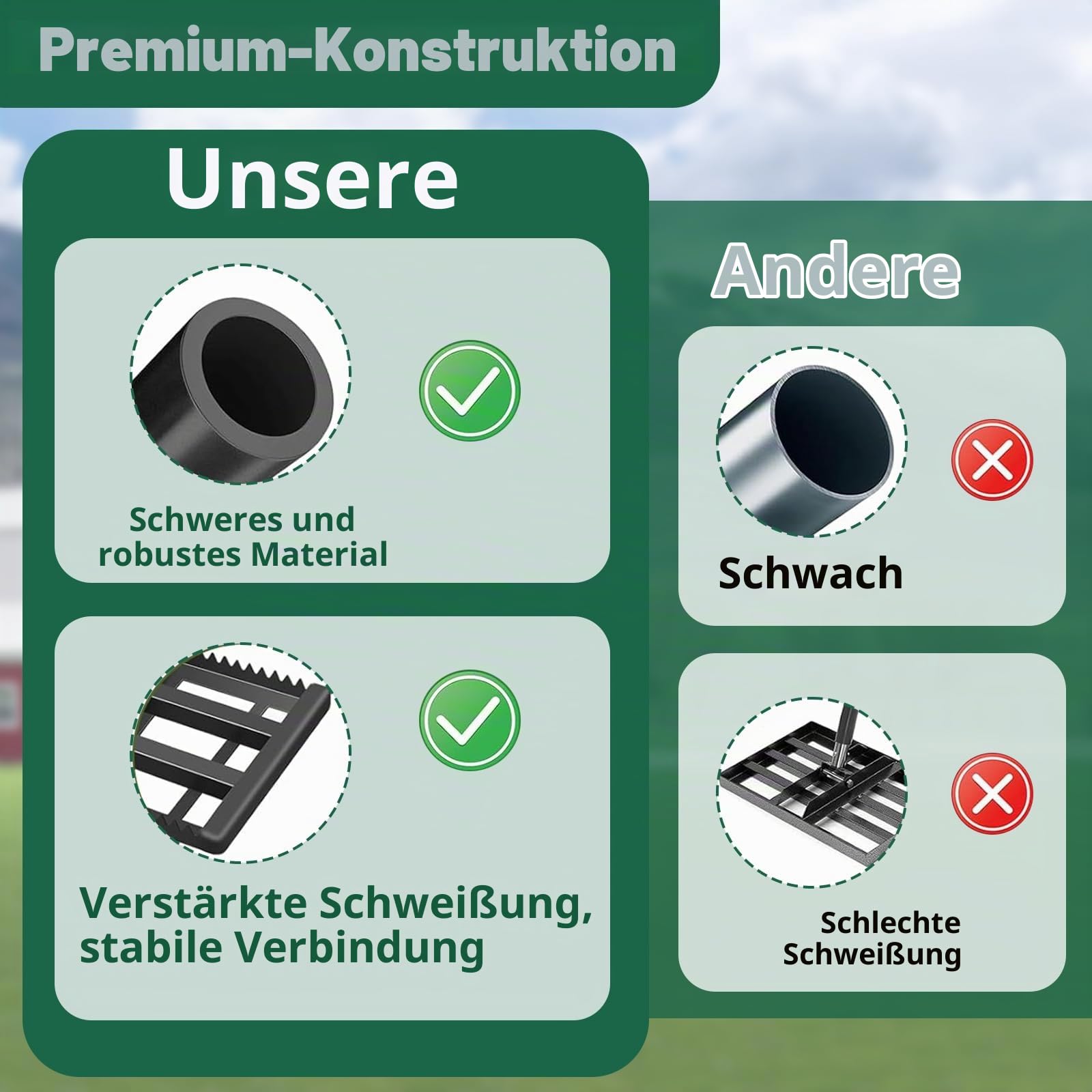 ROCKY&CHAO Rasenrakel 43*25 cm mit 210 cm Edelstahl-Stiel–2-in-1 Rasenrechen mit 50 Zähnen &Glattseite, rostfrei & stabil, Rasen Rakel zum Rasen Sanden und Nivellieren von Erde und Boden