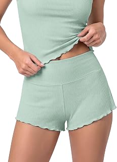 ODODOS Women's Bamboo Viscose Lettuce Trim Mini Shorts, Ultra Soft Ribbed | Foldover High Waist, Cute Pajama Bottoms, Sleep Loungewear, Tagless Comfort