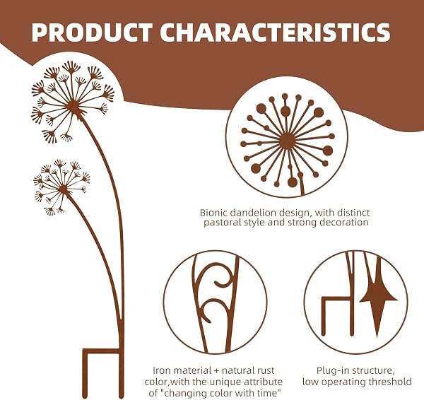 Crunier Rost Gartenstecker Metall Set, Gartenstecker Pusteblume Deko, Frühlings Blumenstecker, Gartendeko Für Draußen Wetterfest zur Dekoration von Gärten, Terrassen, Höfen, Parks, Ästen - 3