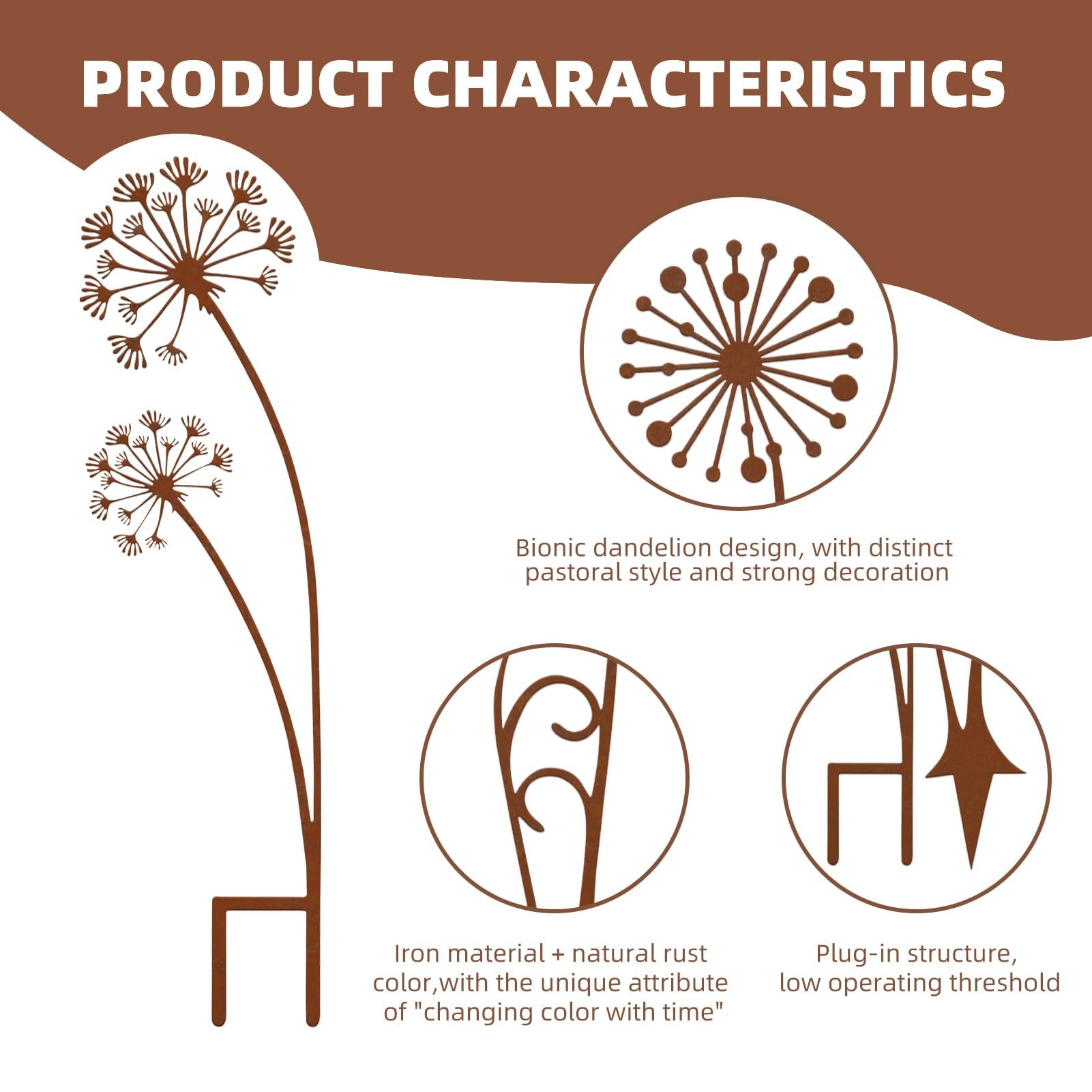 Crunier Rost Gartenstecker Metall Set, Gartenstecker Pusteblume Deko, Frühlings Blumenstecker, Gartendeko Für Draußen Wetterfest zur Dekoration von Gärten, Terrassen, Höfen, Parks, Ästen - 3
