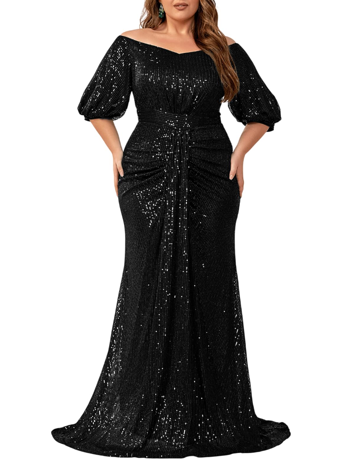 DOUMIFLY Women's Plus Size Off Shoulder Bubble Lantern Sleeves Sequin Formal Party Dress Evening Gown