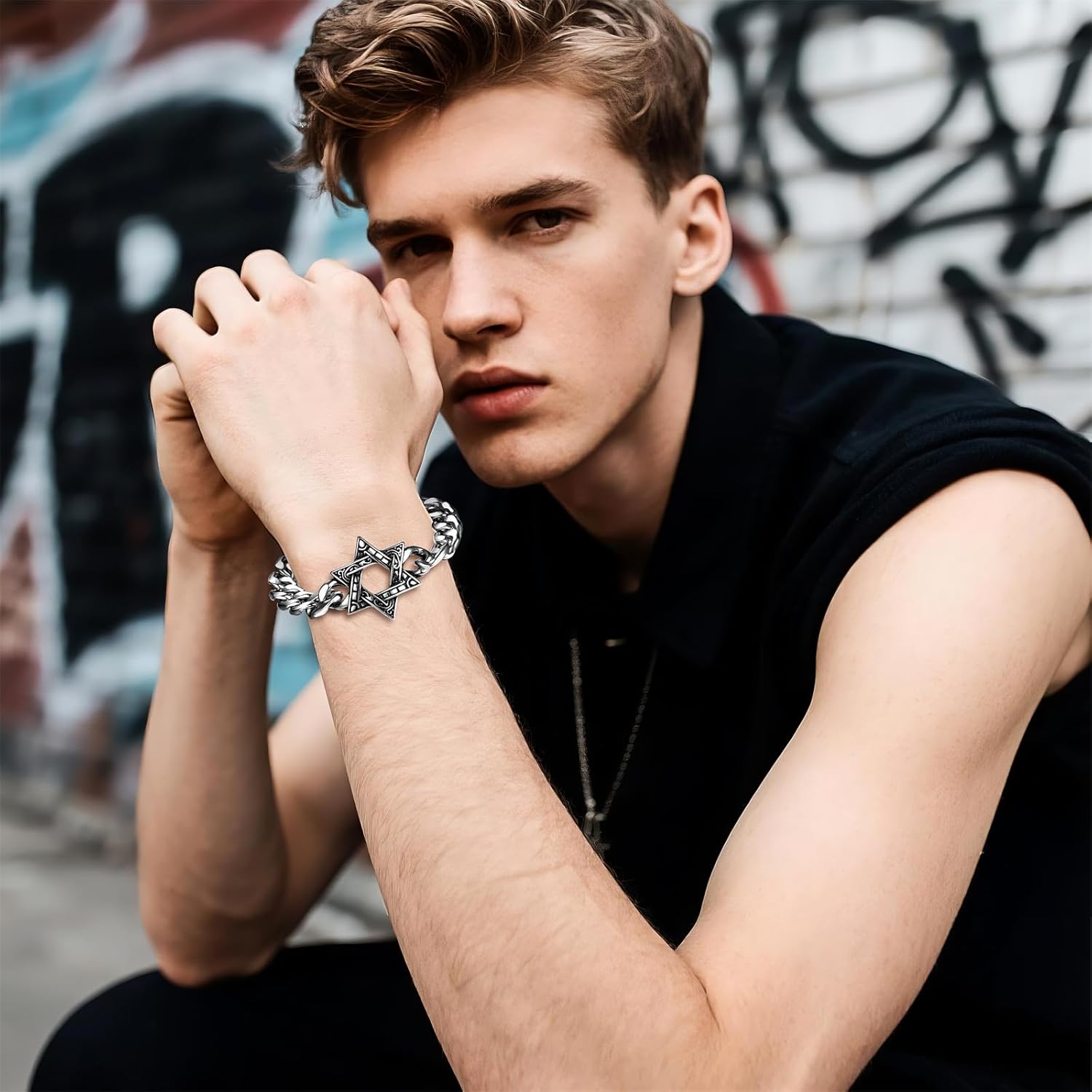Aroncent Mens Star of David Bracelet: Stainless Steel Cuban Chain Jewish Star Jewelry - Religious Amulet Gift - Image 3