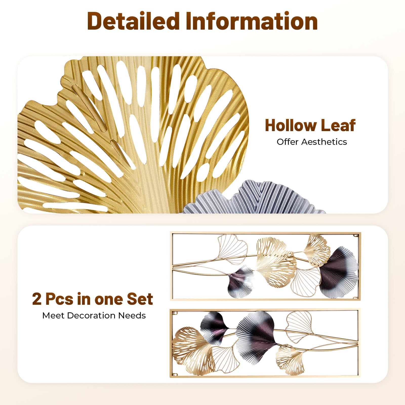 Decorazioni Da Parete 3D In Metallo Ginkgo Biloba | Set Di 2 In Oro | 85x31 Cm | Per Soggiorno O Ingresso - Foto 3
