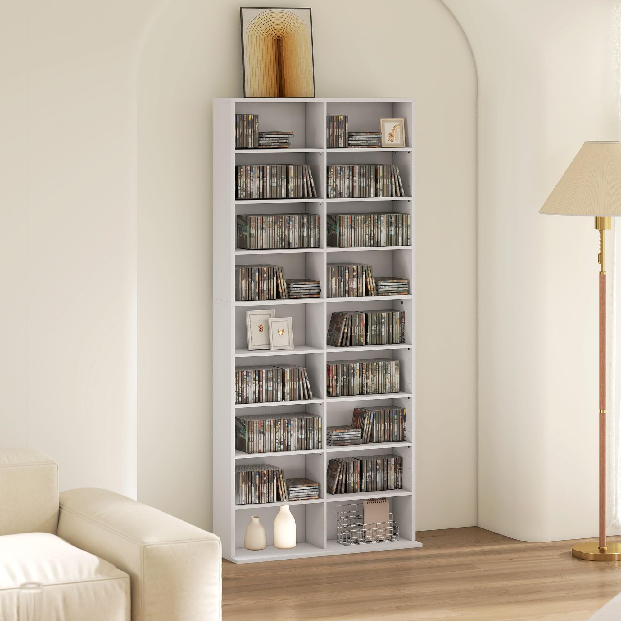 HOMCOM Mobile Porta CD con 14 Ripiani Regolabili, Scaffale Porta 640 CD/360 DVD/430 Blu-ray Salvaspazio, Mobile Portacd con 18 Scomparti, per Soggiorno, Camera da Letto, Ufficio, 78.5x24x175cm, Bianco