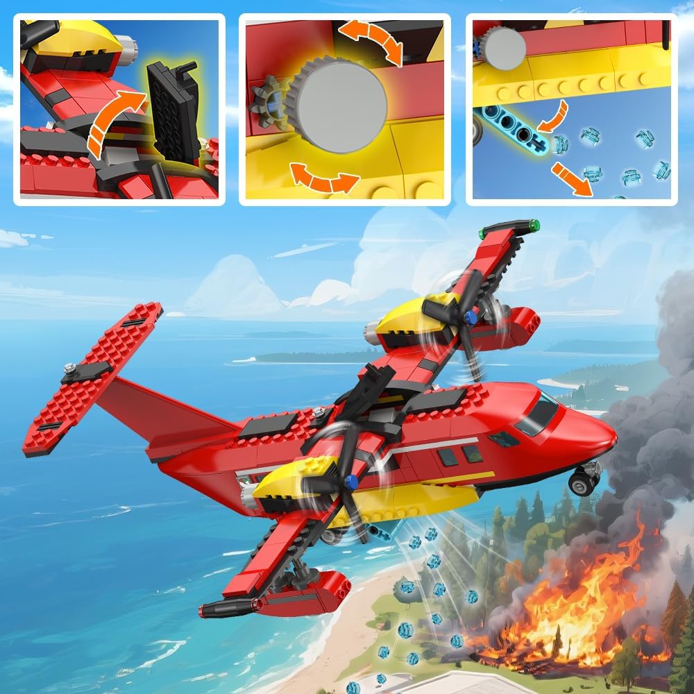 HiWEEGO 3 in 1 City Fire Rescue Plane Building Set, 803 PCS Airplane Building Blocks Kits Toys with Helicopter Fire Station & Truck, Birthday for 6+ Kids Boys Girls Fans of Firefighter