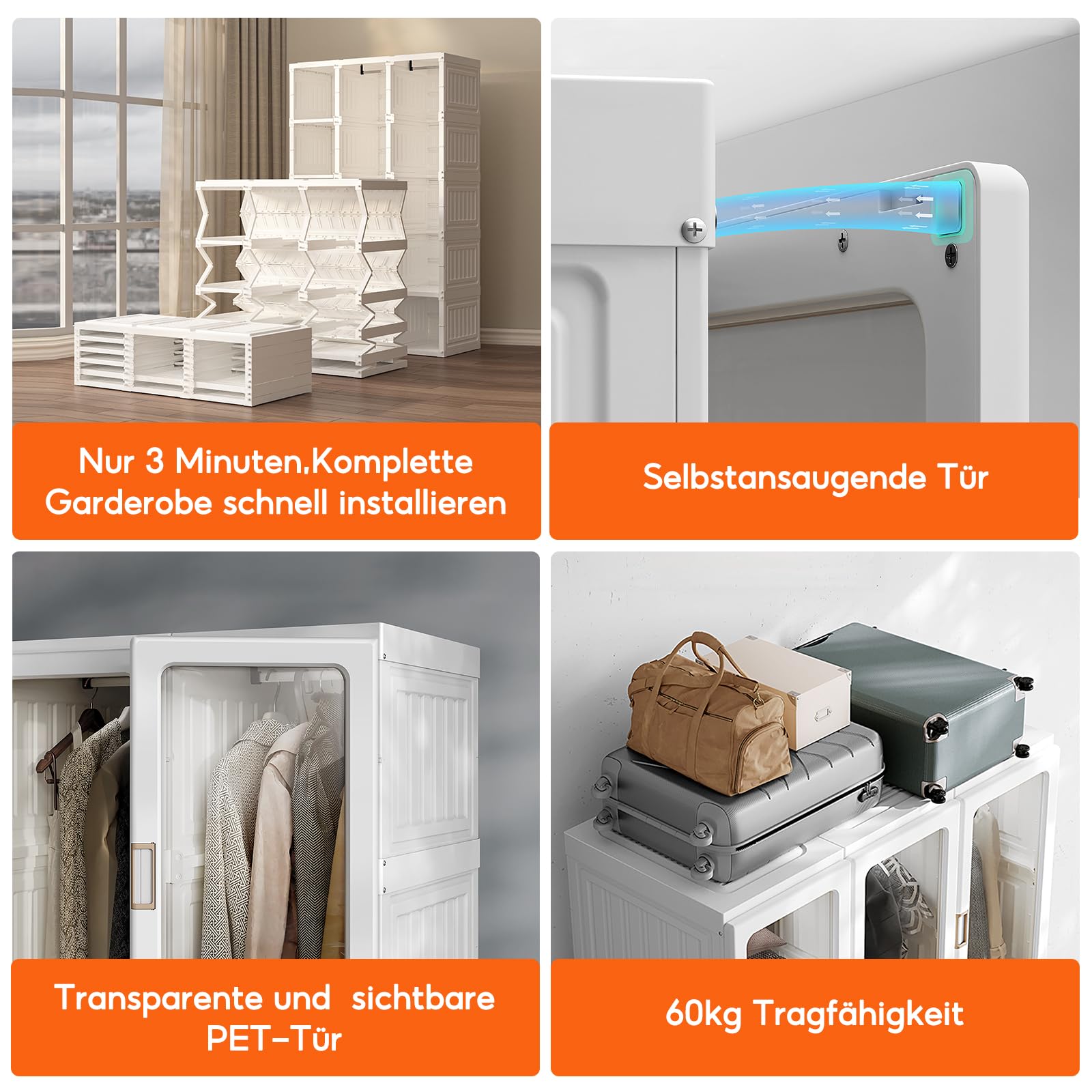 Zusammenklappbarer Kleiderschrank,104x170x50cm, schnelle Montage, vielseitiger Schrank mit Kleiderstange und Magnettüren, perfekt für Schlaf&Wohnzimmer, Braune transparente Türplatte
