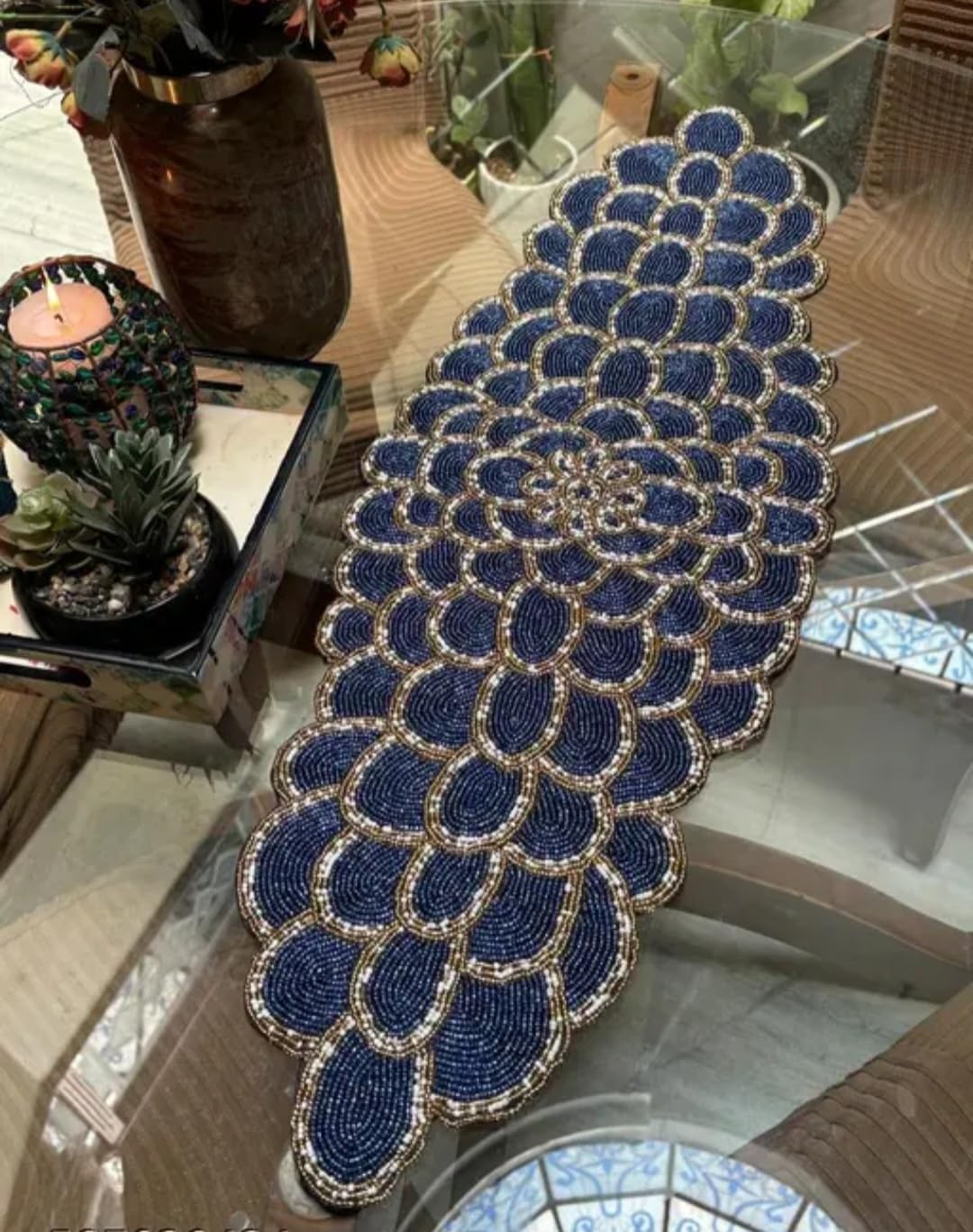 Beaded Table Runner, Navy Blue Floral Design, Handcrafted Glass Seed Beads, Decorative Home Accent