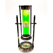 Vintage Revolving Green Liquid White Sand Timer 9" Antique Solid Brass Ship Maritime Wheel Hourglass with Compass