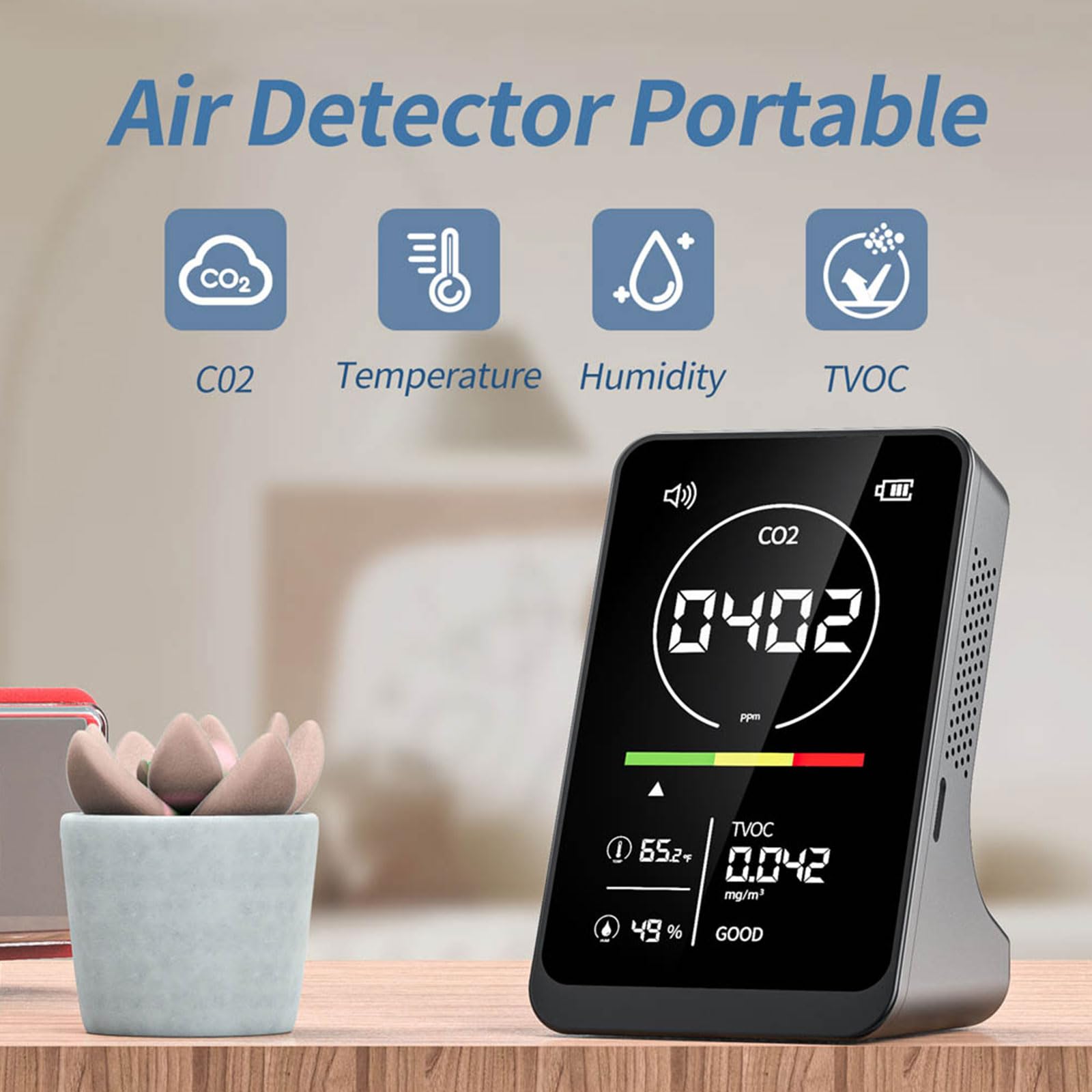 Détecteur de CO2 intérieur de voiture, compteur d'air, température et humidité, détection TVOC, affichage numérique, détecteur de dioxyde de carbone, avertissement
