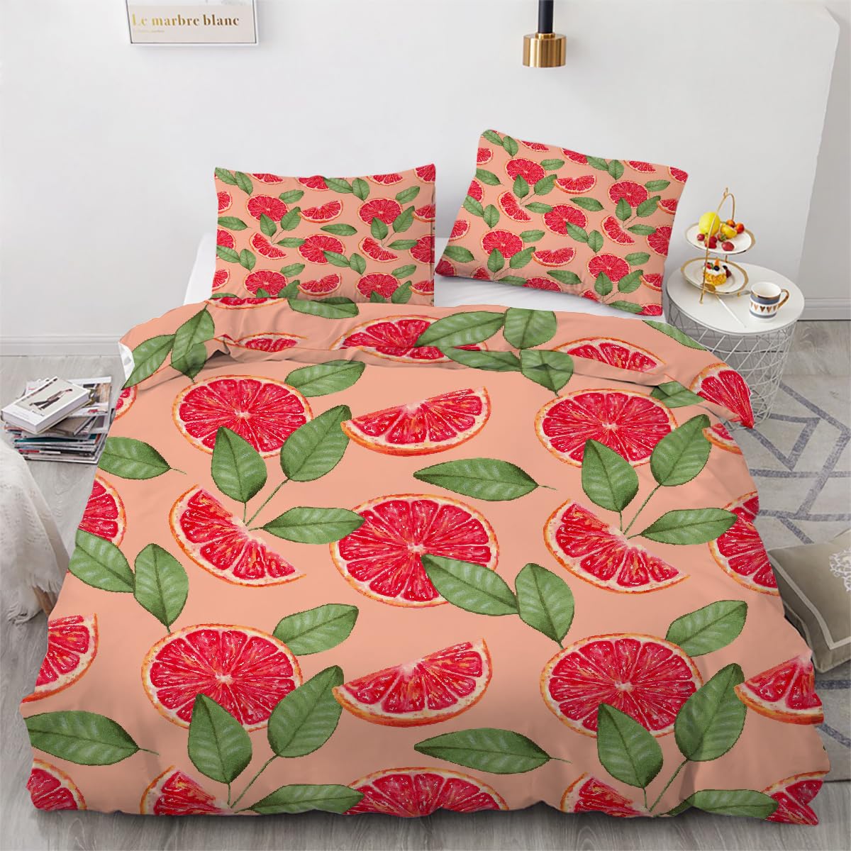 Linge de lit 3 pièces et housse de couette pamplemousse 2 personnes en microfibre douce