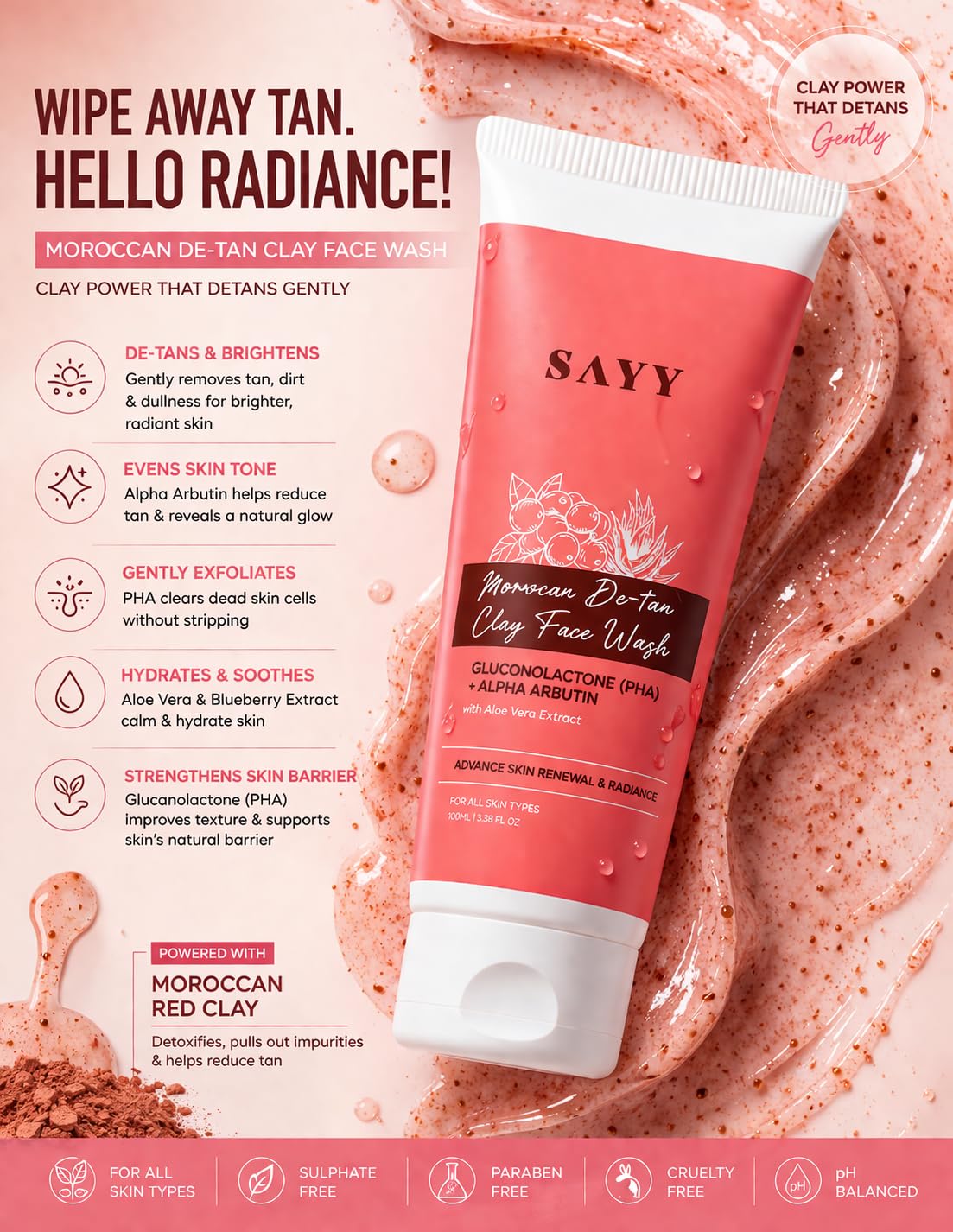 SAYY Moroccan De-Tan Clay Face Wash, Tan Removal, Deep Cleansing and Skin Brightening, with Aloe Vera Extract, for All Skin Types 1