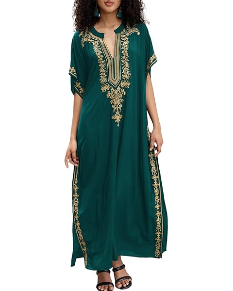 Women Embroidery Loose Kaftan Casual Beach Bathing Suit Cover Up Long Caftans Maxi ...