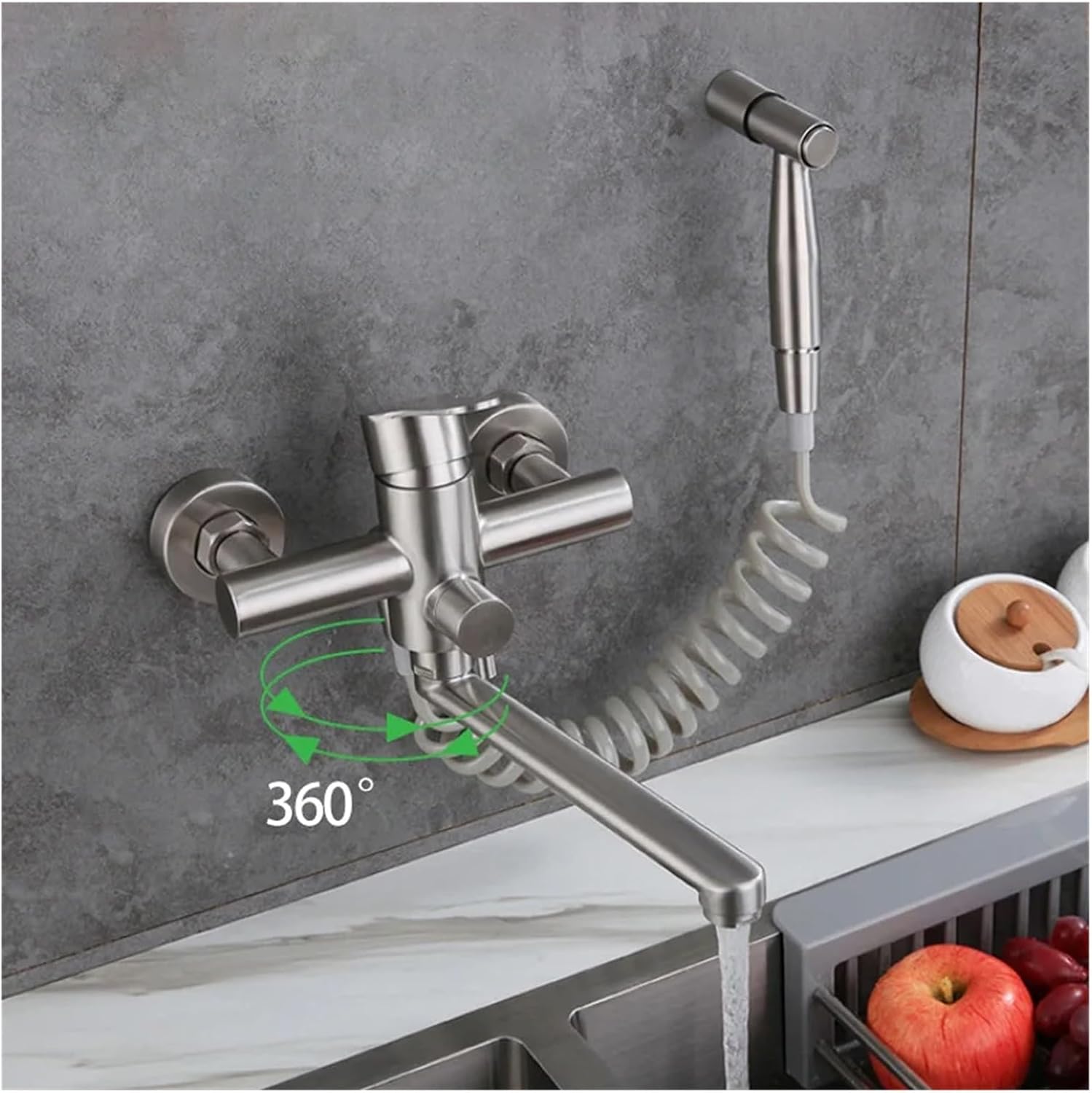Stainless Steel Kitchen Brushed Extension 2 Functions Wall-Mounted Bathtub Mixing Valve Shower Faucet Hand Spray(Onluy Faucet)