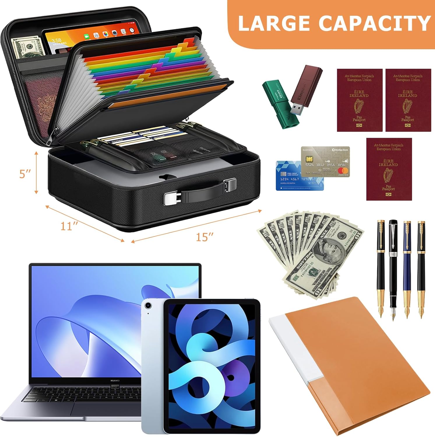 Fireproof Document Box with Lock, Hard Shell Wills File Organizer Briefcase Waterproof Portable Fire Safe Storage Bag for Important Documents,Laptop, Papers, Passports at Home,Business