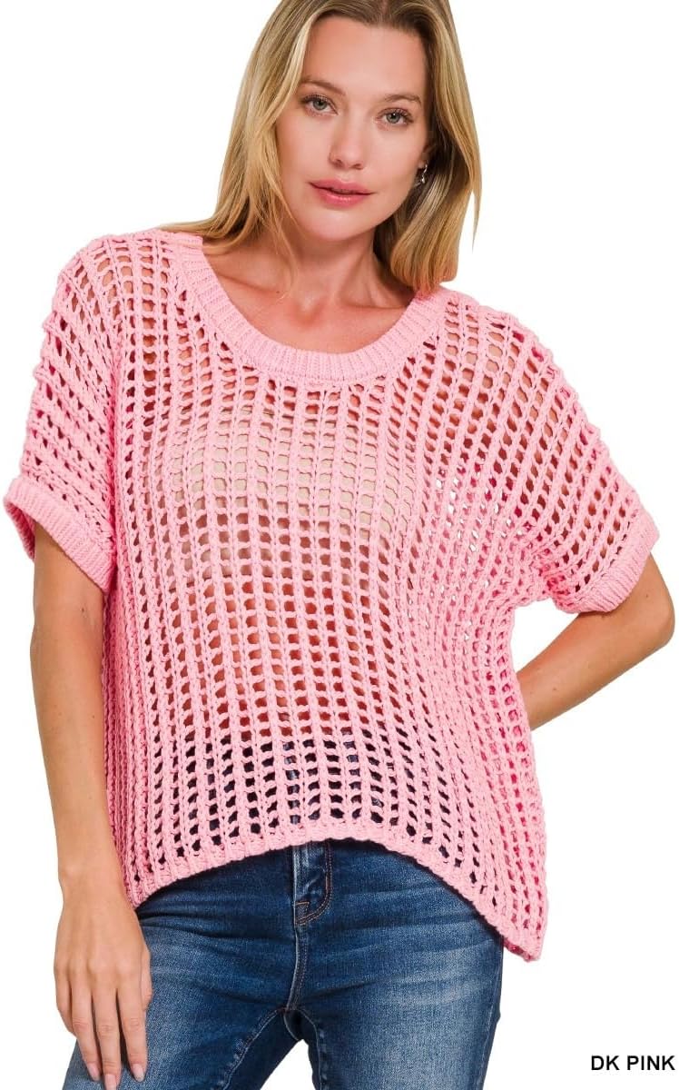 Fish Net Short Sleeve Crochet Knit Cover Up