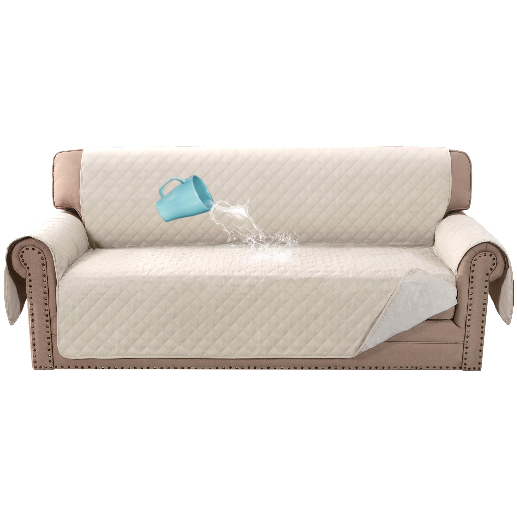 Bellahills Ivory Sofa Cover 100% Waterproof Sofa Cover 3 Seater Sofa Slipcovers Triple Non-Slip Couch Covers 3 Seater Washable Sofa Protector With Elastic Strap For Kids/Pets (Sofa 70", )