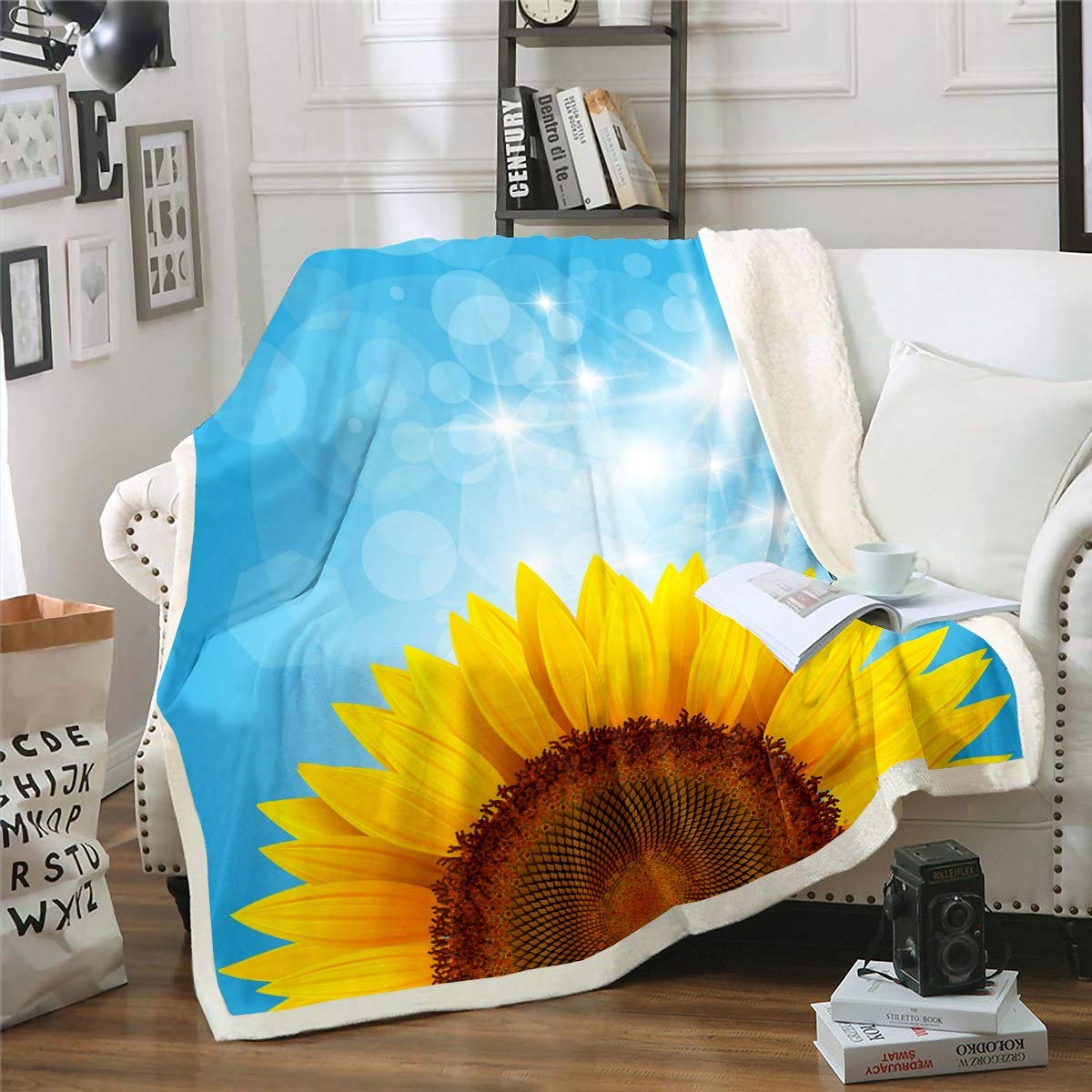 Loussiesd Girls Sunflower Fleece Blanket Floral Print Sherpa Blanket for Couch Sofa Daughter Blossom Flowers Pattern Plush Throw Blanket Bright Blue Yellow Botanical Fuzzy Blanket Single 50"x60" — image 1