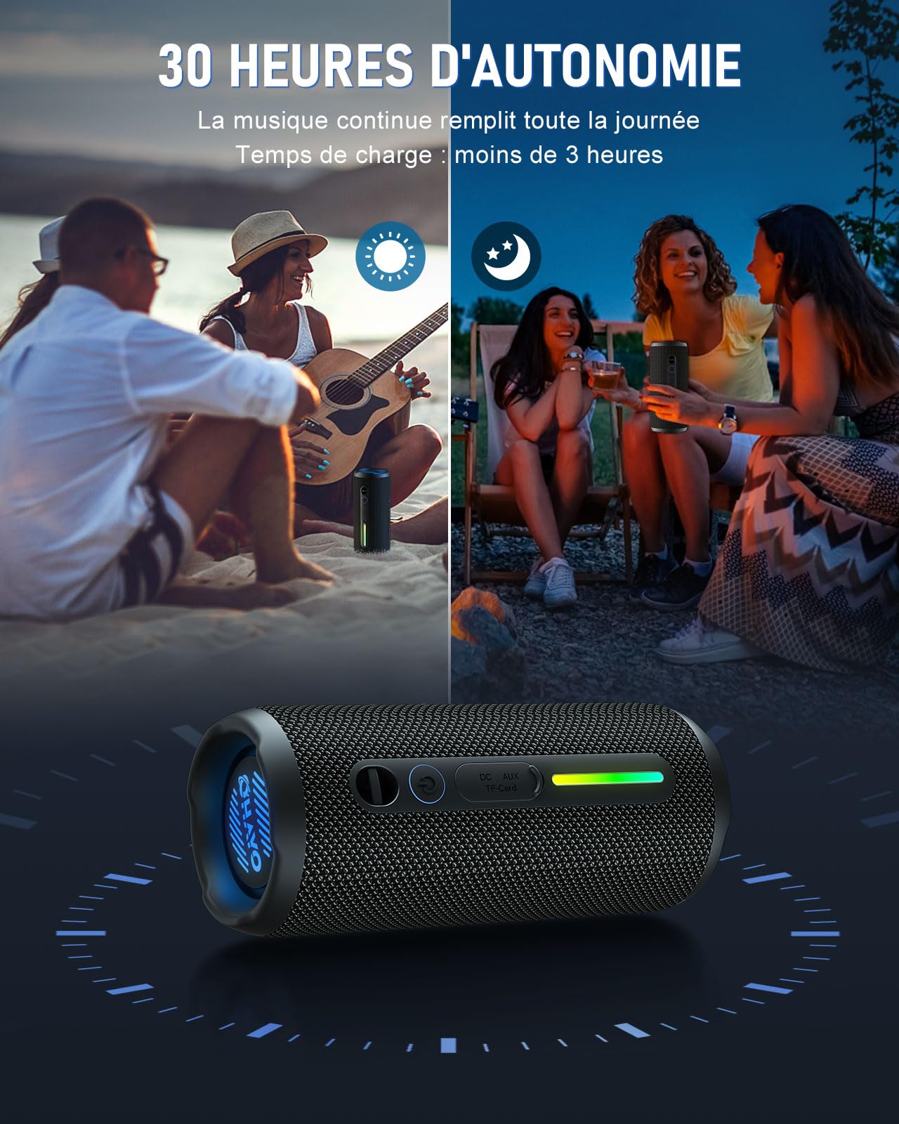 OHAYO Enceinte Bluetooth Puissante 24W IPX7 Étanche 30h Autonomie Bass Boost Portable