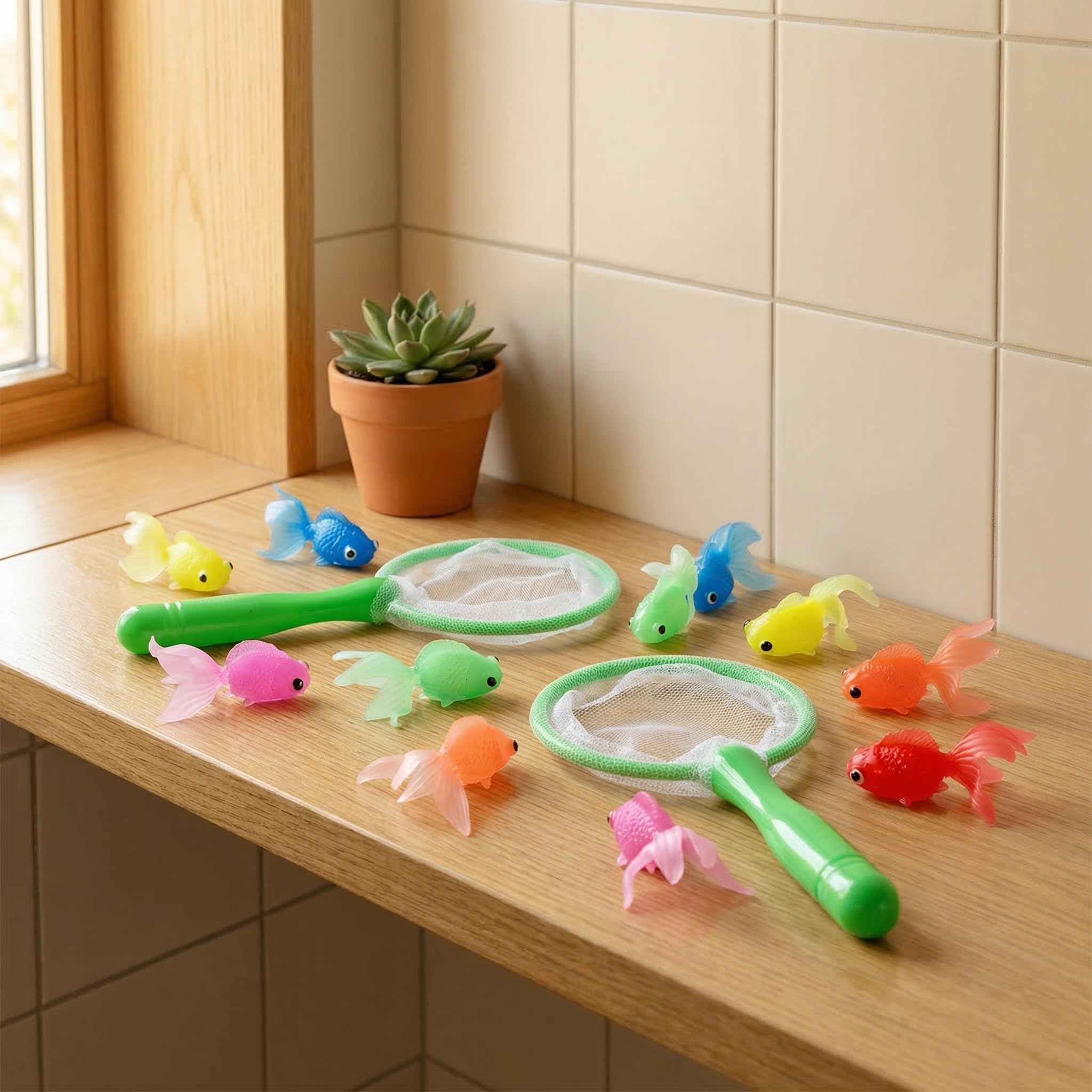 TOYANDONA 2 Juegos para Niños de Juguete de Baño de Pesca Peces de Colores Artificiales de Acuario Peces Flotantes Falsos con Red de Aterrizaje para Niños Pequeños Piscina Playa Fiesta