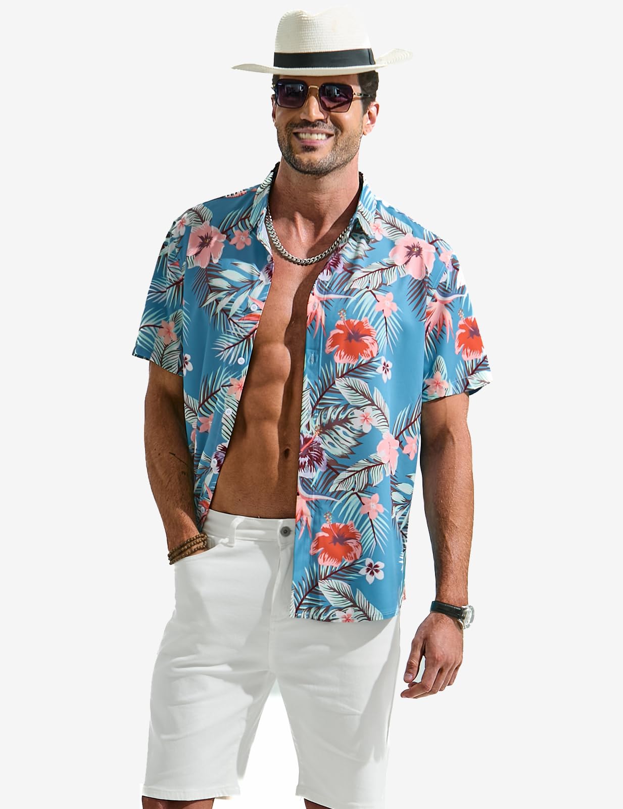 Camicia hawaiana da uomo, estiva, a maniche corte, con bottoni, casual, per il tempo libero, per le vacanze, motivo floreale, vestibilità regolare