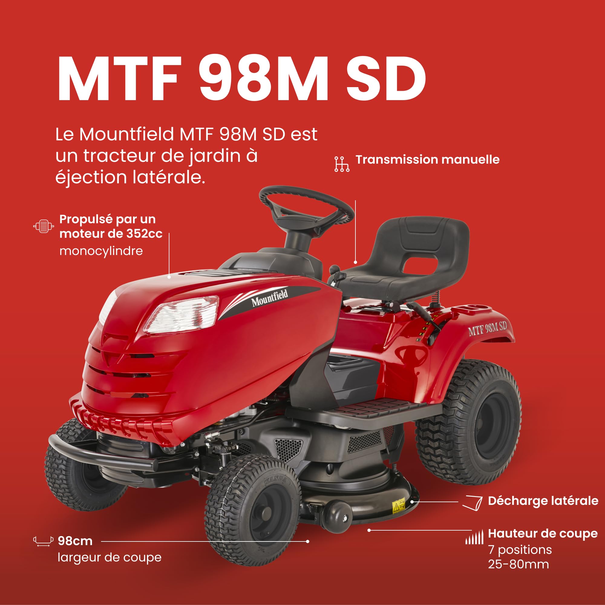 Mountfield Tracteur MTF 98M SD, 98 cm – Transmission Manuelle, Éjection Latérale – Pelouses Jusqu'à 8 000 m²