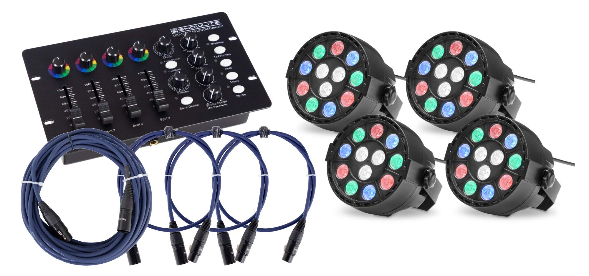 4x Showlite SPS-121 LED Smart Party Spot (3 rote, 3 grüne, 3 blaue und 3 weiße LEDs mit je 1 Watt Leistung, DMX Controller mit extra Farbdrehreglern, inkl. 3x 1m und 1x 10m DMX-Kabel) Schwarz