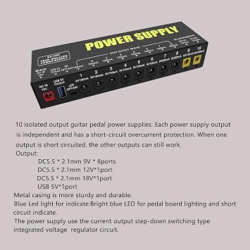 Guitar Pedal Power Supply 10 isolated DC output 9V/12V/18V for Effect Pedal Power Supply with Smart Short Circuit and Over Current &5V/1A USB output