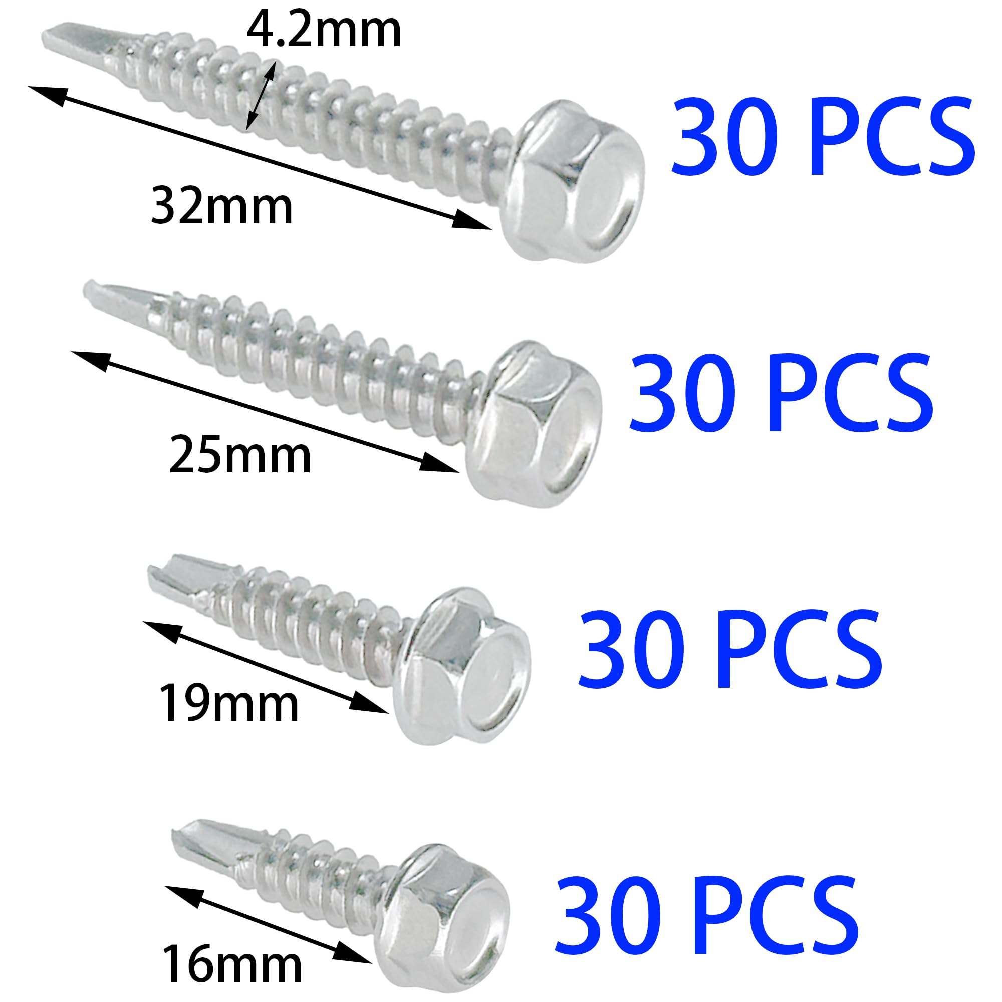 120 PCS Stainless Steel Outer Hex Self Tapping Self Drilling Screws for Metal, M4.2 x 16mm, M4.2 x 19mm, M4.2 x 25mm, M4.2 x 32mm - Image 2