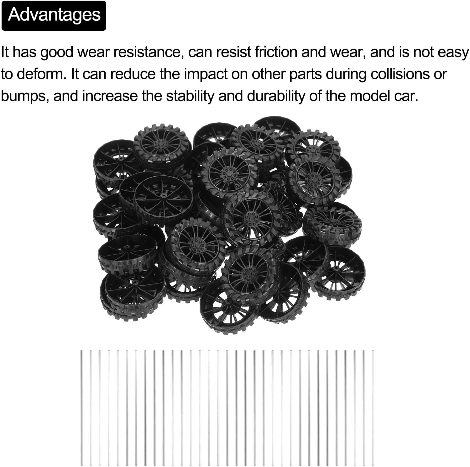 MECCANIXITY 100pcs Toy Car Tires 45mm OD, 12mm Thick, RC Model Car Wheels with 2mm OD x 100mm Long Shaft for Craft Project Hobby, Black image 4