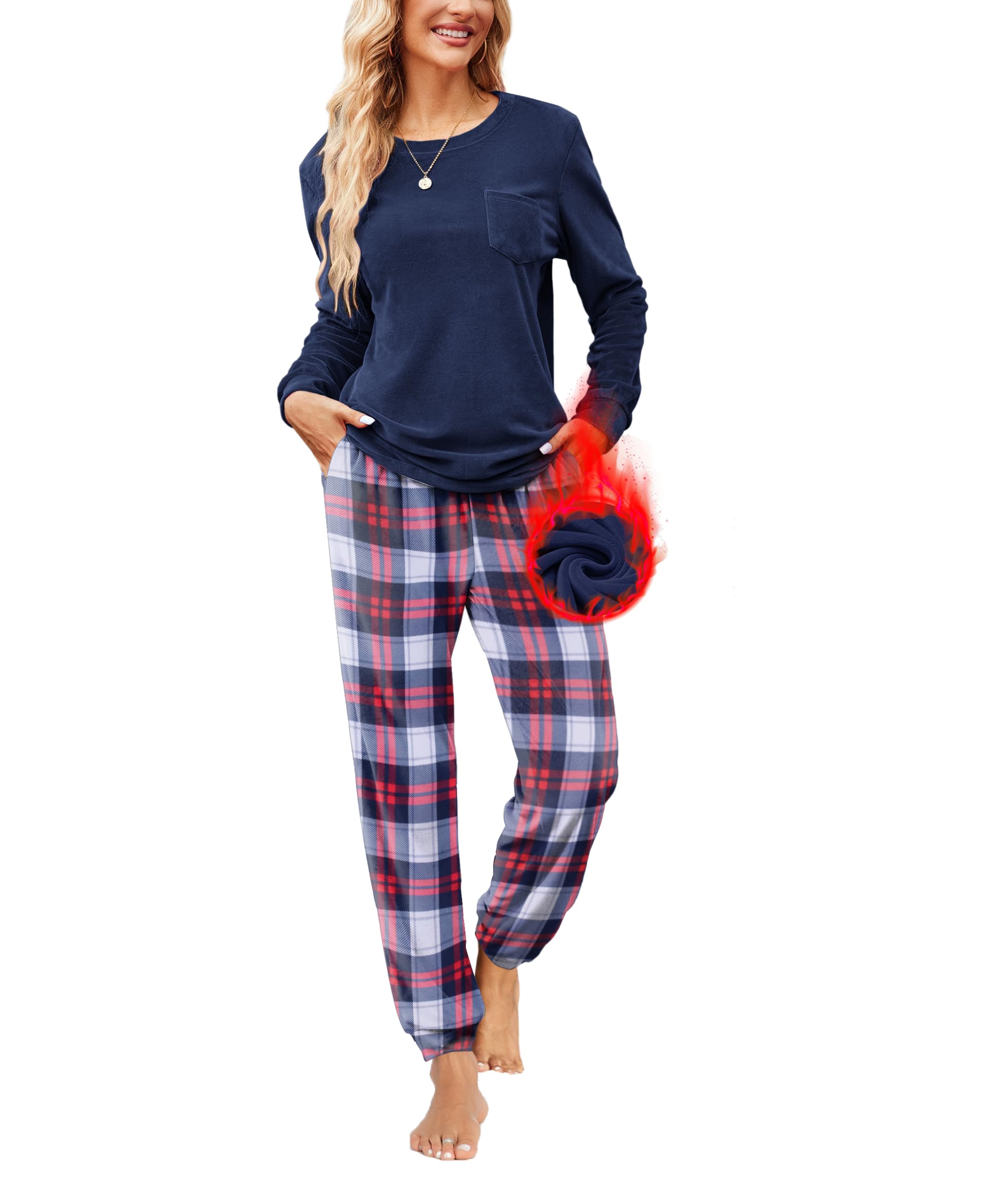 Ekouaer Ensembles de Pyjamas pour Femmes Ensemble de Loisirs en Velours à col Rond Long Ensemble de Pyjama d'hiver Costume de Maison Décontracté Chaud avec Poches