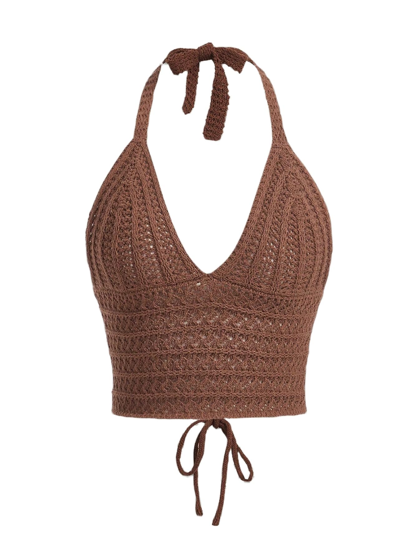 Women Sexy Hollow Out Crochet Crop Halter Tops Y2K Knitted V Neck Sleeveless Backless Lace Up Crop Cami Tank Beachwear