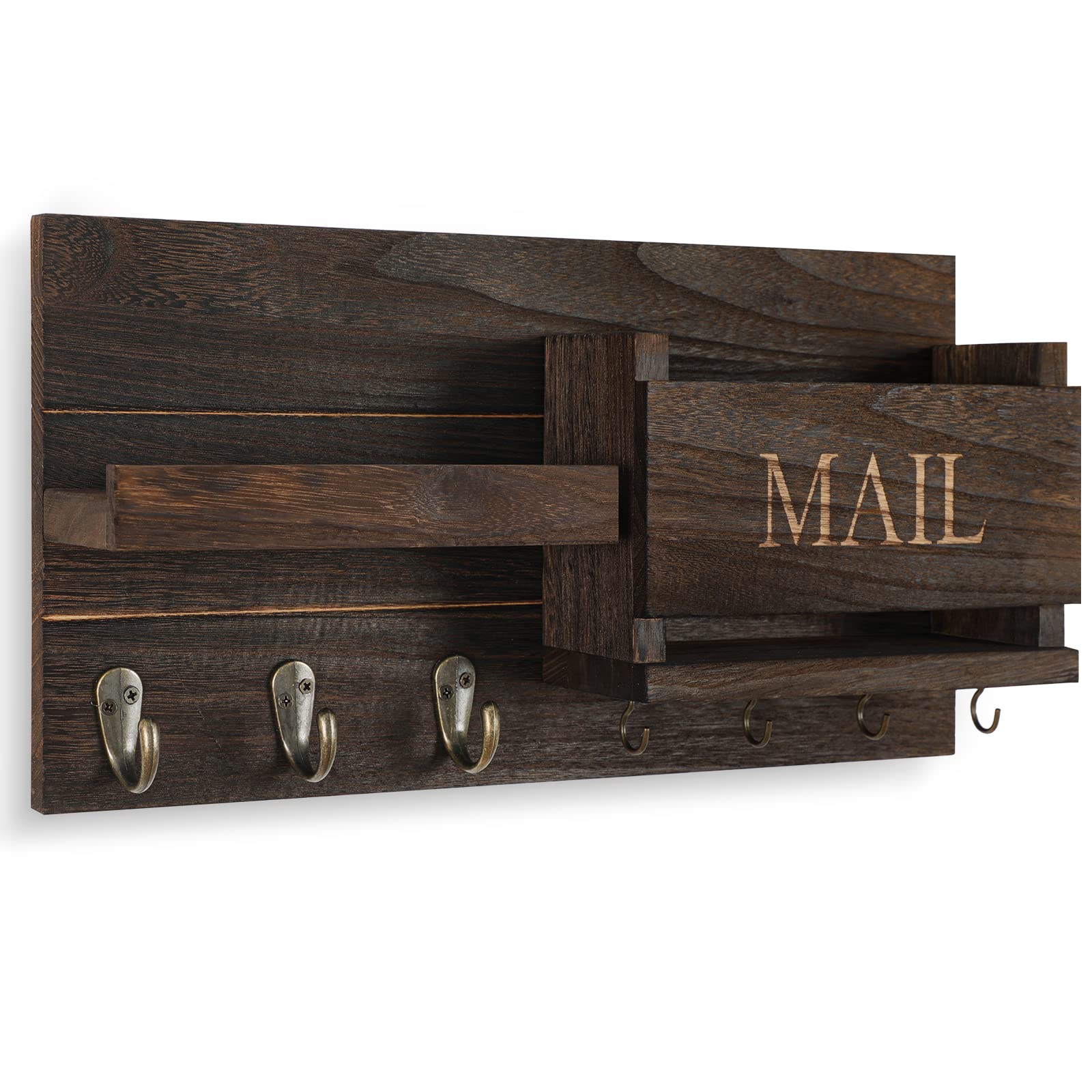 Lwenki Post-Organizer für die Wandmontage, Schlüsselhalter mit Ablage inklusive Briefhalter und Haken für Flur, Bauernhaus-Dekor, rustikales Holz mit bündiger Montage (41,9 x 23,1 x 8,6 cm) (braun)