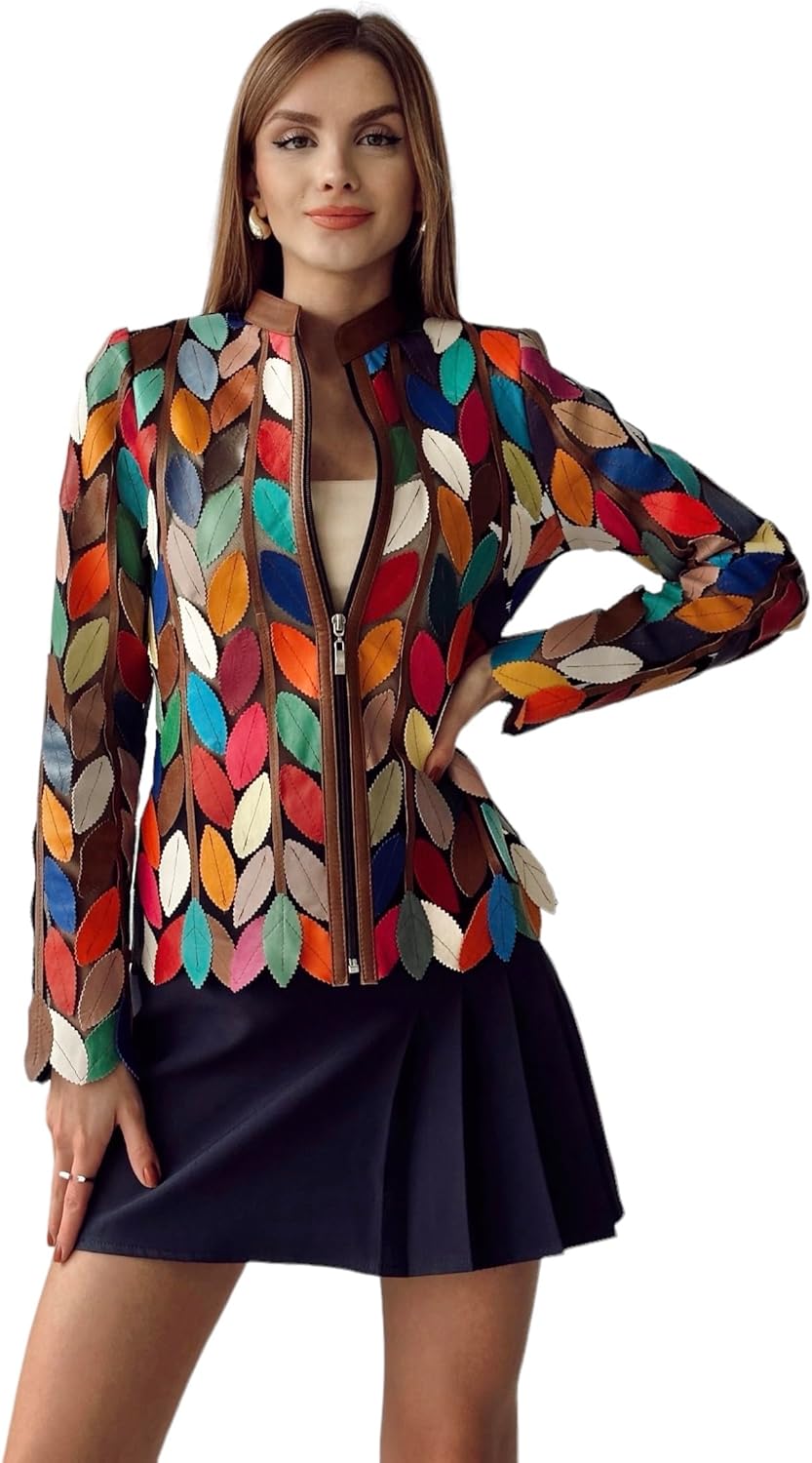 Joy Women's Multicolored Genuine Lambskin Handmade Leather Jacket