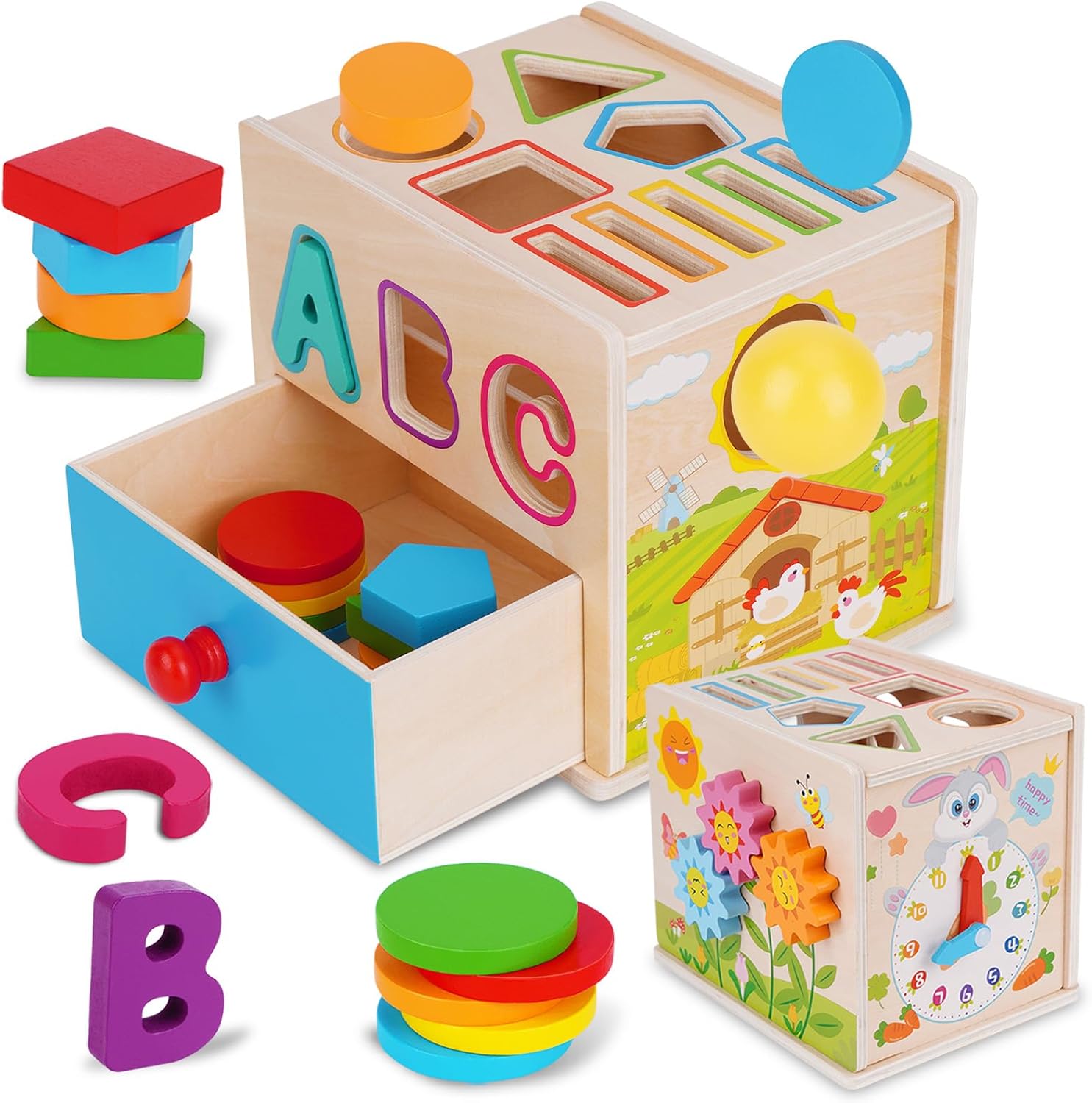 FCSONU Toddlers Montessori Toys for 1 2 3 Year Old Boys Girls, Wooden Baby Montessori Coin Box Toys for Toddlers 1-3, Shape Sorting Sensory Toys for Ages 2-3, Christmas & 1st Birthday Gifts for Kids