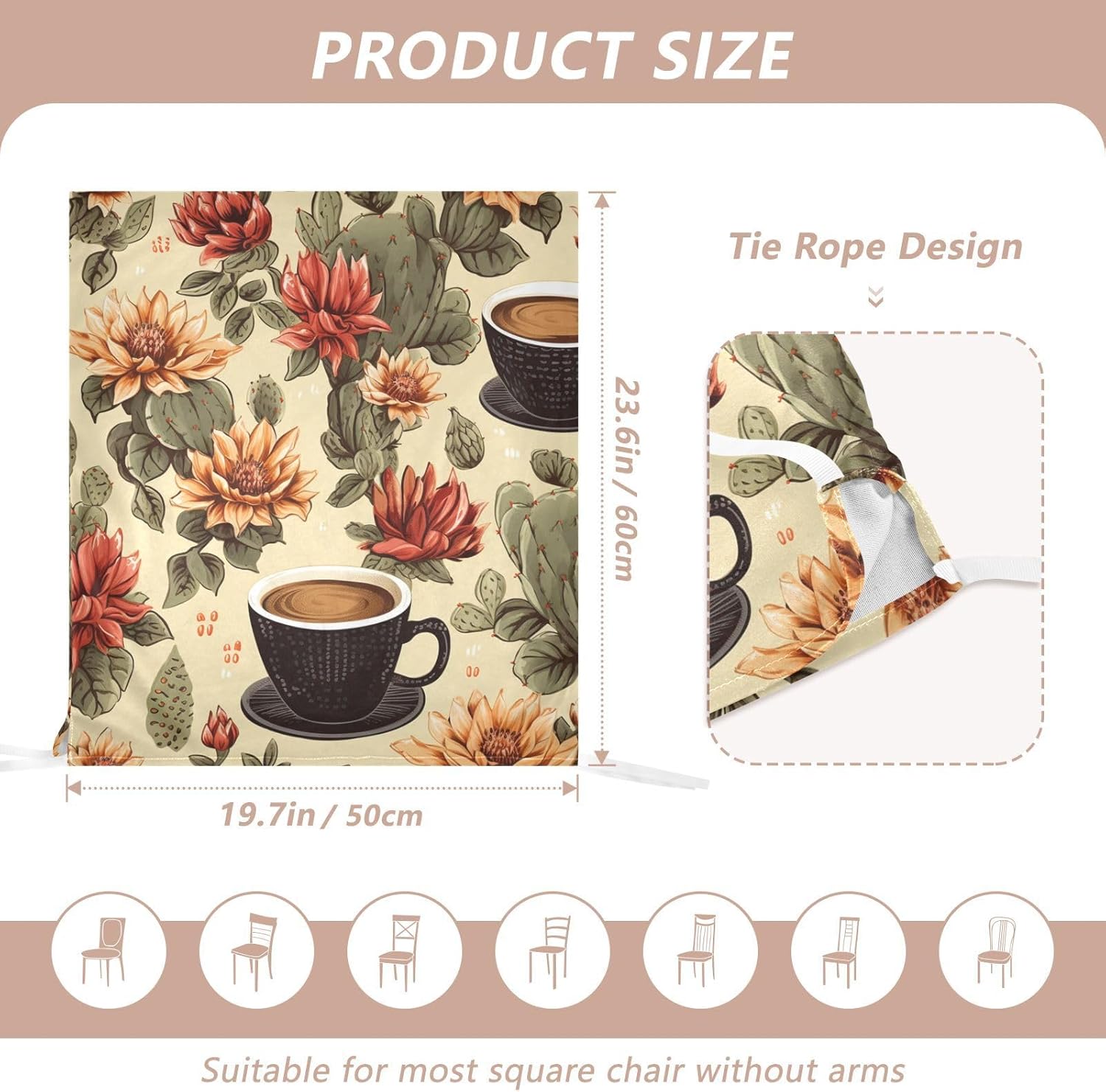 ALAZA Cactuses Coffee Cups Vintage Chair Back Cover Set of 6, Washable Reusable Removable Chair Slipcovers Decorative Chair Cover for Home Kitchen Wedding Party