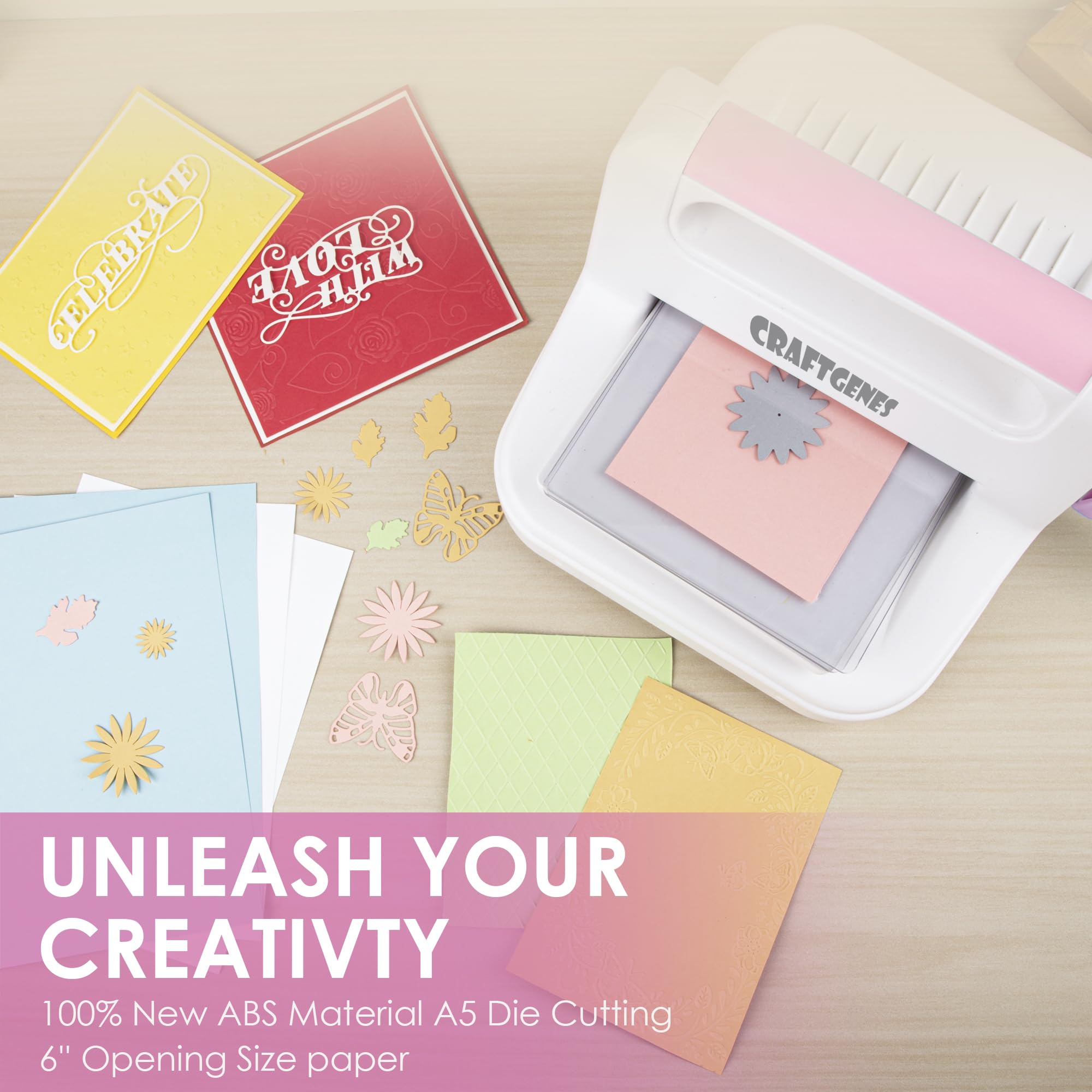 CraftGenes Stanzmaschine und Prägemaschine, 15,2 cm, Öffnungsgröße für Kartenherstellung, Scrapbooking und Bastelarbeiten, komplettes Set mit A5-Stanzformen, Prägeschablonen und Tellern (Rosa)