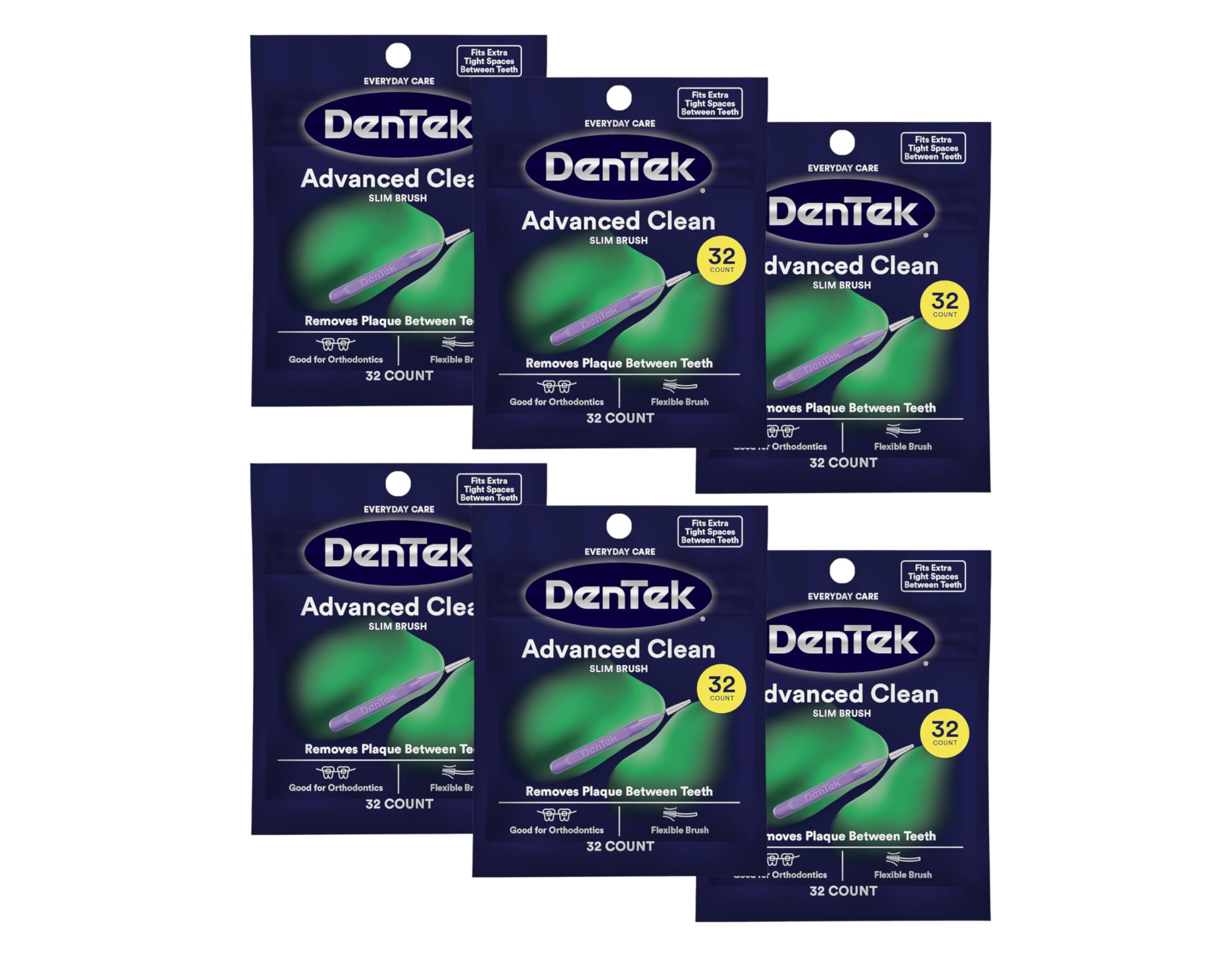 DenTek Advanced Clean Slim Brush Interdental Cleaners, Extra Tight Between Teeth Brushes, Plaque Removal, Dental Picks for Oral Care, Fresh Mint Mouthwash Blast, 32 Count (Pack of 6)