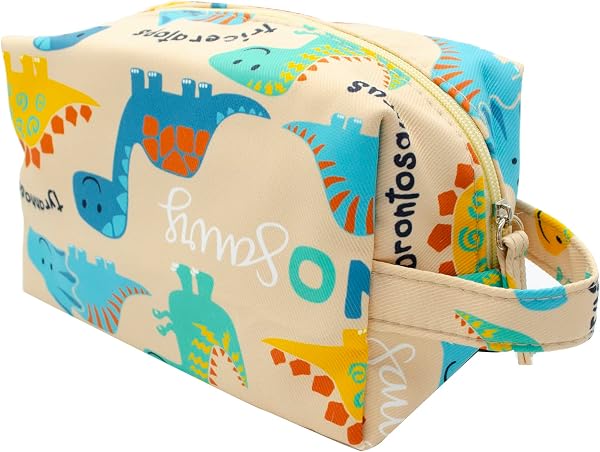 PONETTE - Neceser Infantil en Tejido Arena con Divertidos Dibujos de Dinosaurios Multicolor Sonrientes, Niño, Niña, Viaje, Estuche, Bolsa, Piscina, Colegio, Campamento, Marca Española - 1
