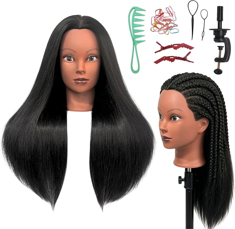 Black Mannequin Head with Hair, Cosmetology Mannequin Head for Braiding | 21" Female Training Doll Head for Hairdressers, Hairstylists & Students, African Mannequin Head for Hair styling, Cutting
