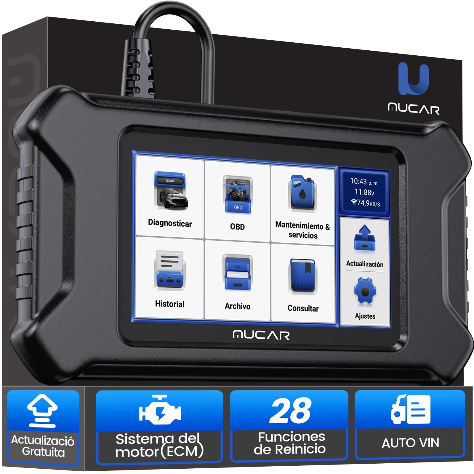 OBD2 Diagnosis, MUCAR CS90 Diagnosis Coche Multimarca con 2 Sistemas (ECM/ABS) Y 28 Funciones de Reinicio, Maquina Diagnosis Coche para AutoVIN, Android 7.0, Wi-Fi Actualización Gratuita