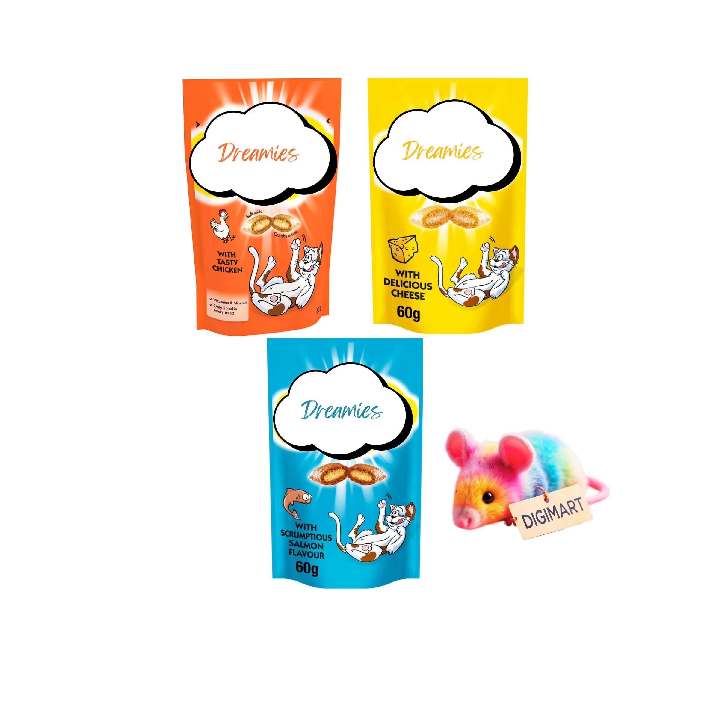 DIGIMART Cat Toy With Dreamies Cat Treats Variety Pack, Chicken, Cheese and Salmon Flavours, 60g, Pack of 3